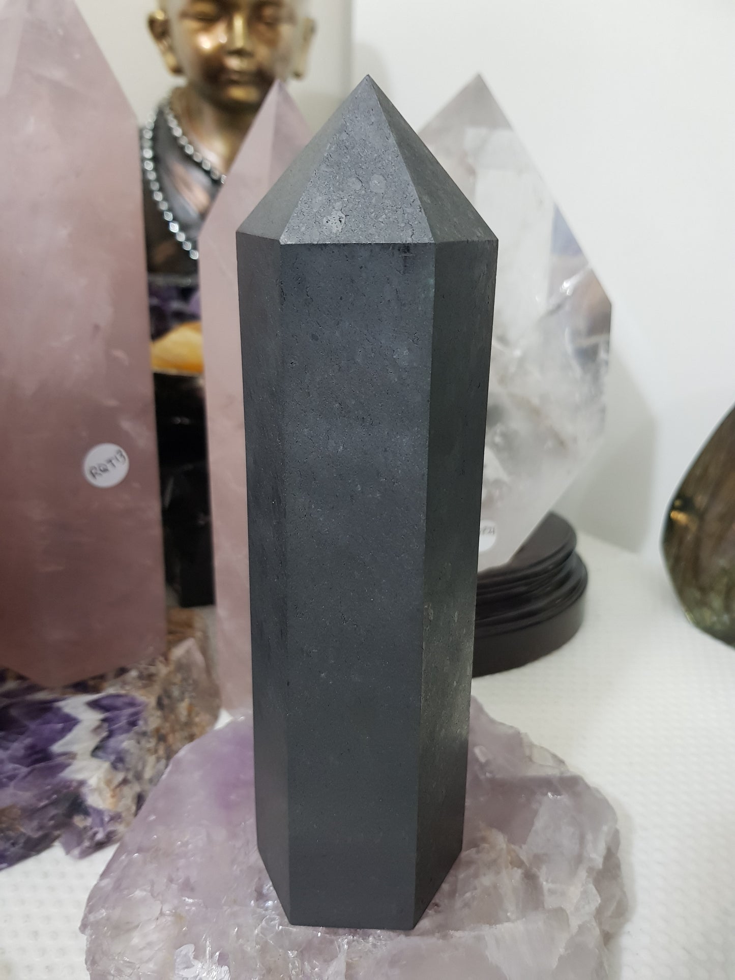 Shungite crystal point tower polished matte black standing point 18.5cm