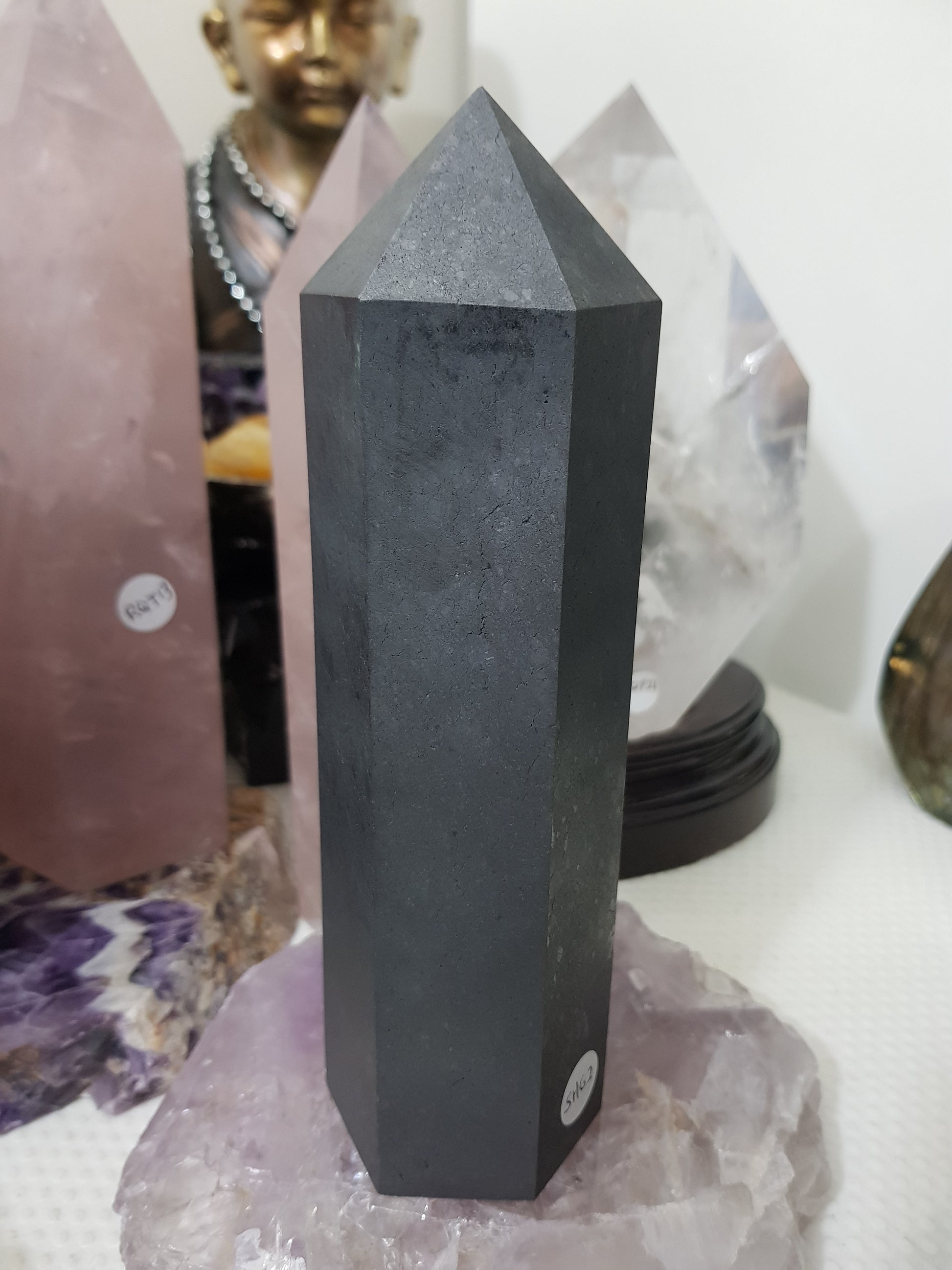 Shungite crystal point tower polished matte black standing point 18.5cm