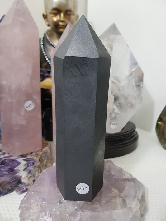 Shungite crystal point tower polished matte black standing point 18.5cm