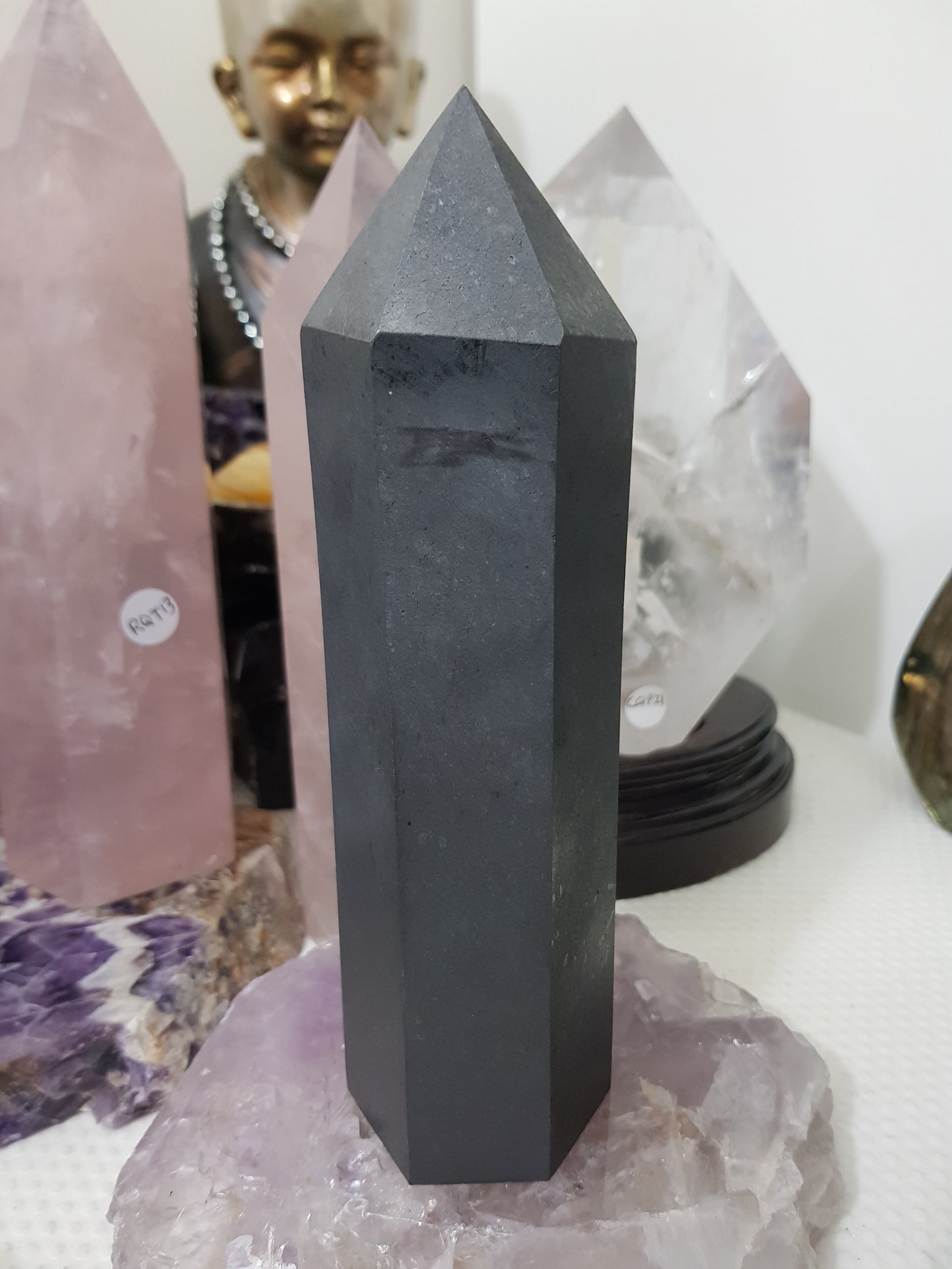 Shungite crystal point tower polished matte black standing point 18.5cm