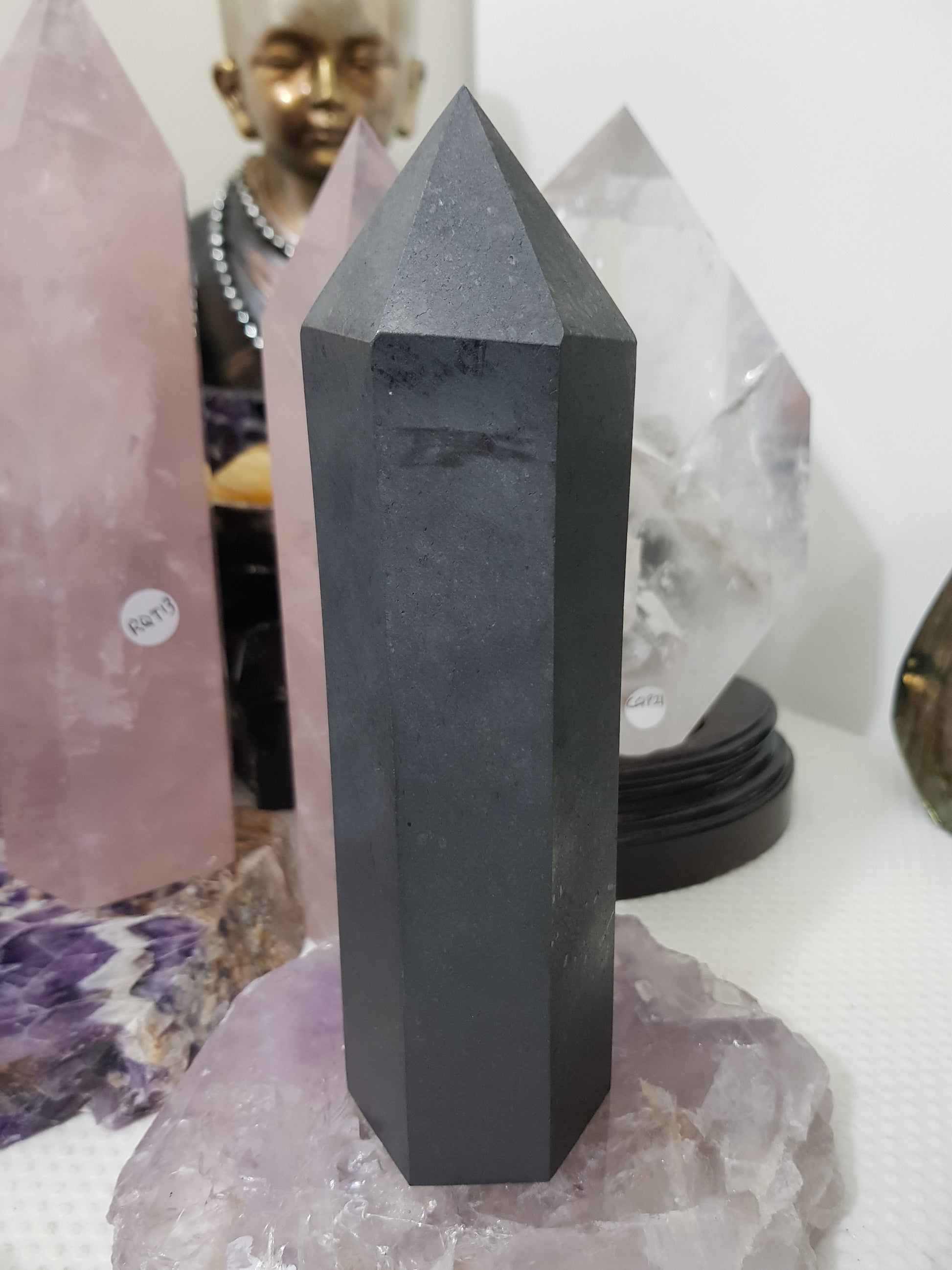 Shungite crystal point tower polished matte black standing point 18.5cm