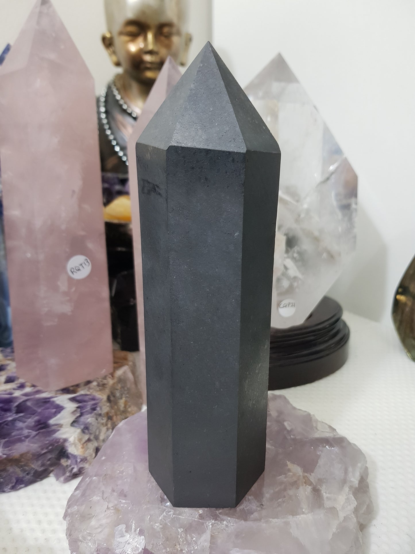 Shungite crystal point tower polished matte black standing point 18.5cm