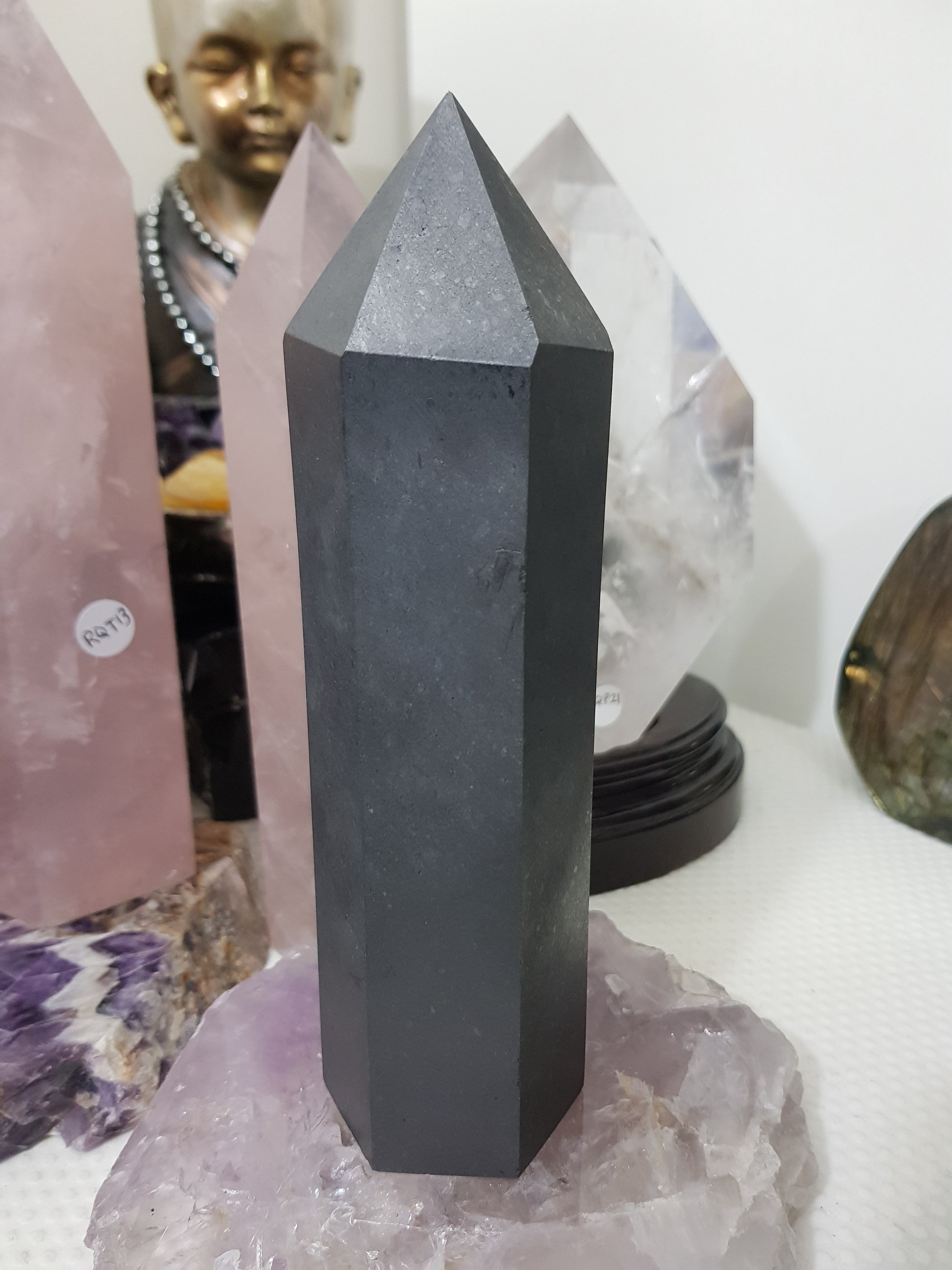 Shungite crystal point tower polished matte black standing point 18.5cm