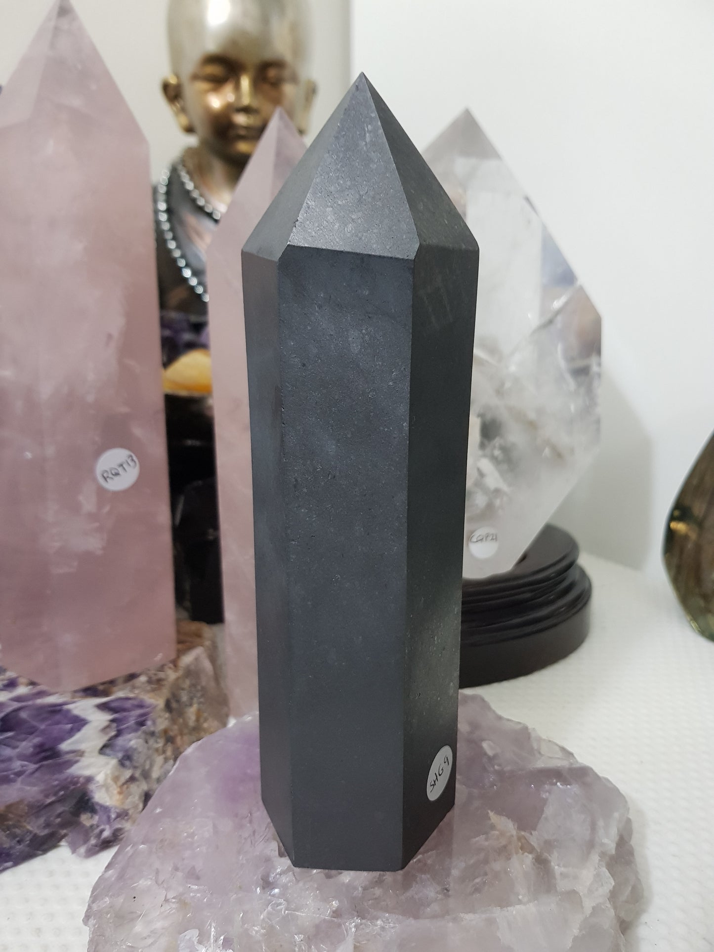 Shungite crystal point tower polished matte black standing point 18.5cm