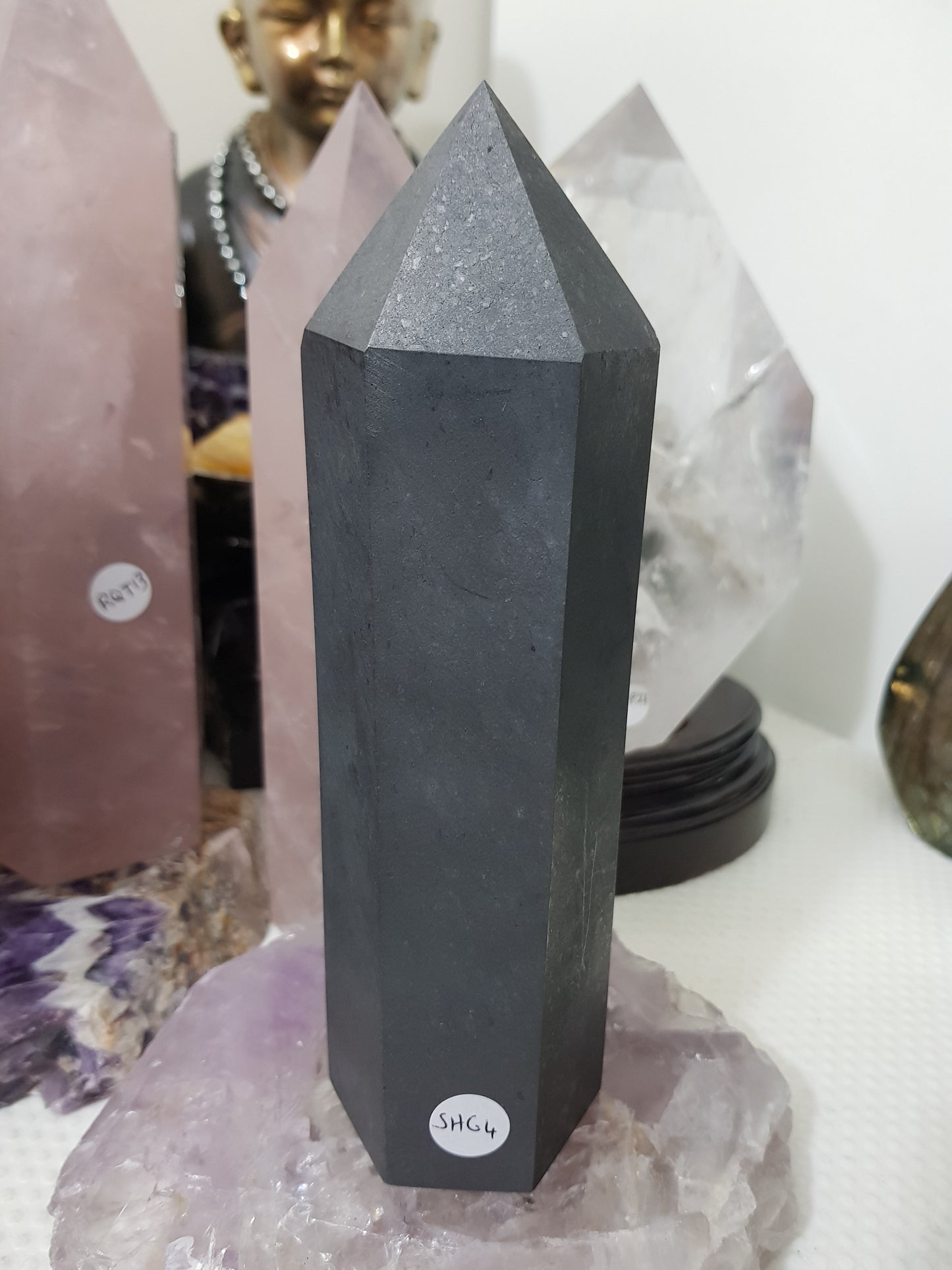 Shungite crystal point tower polished matte black standing point 18cm