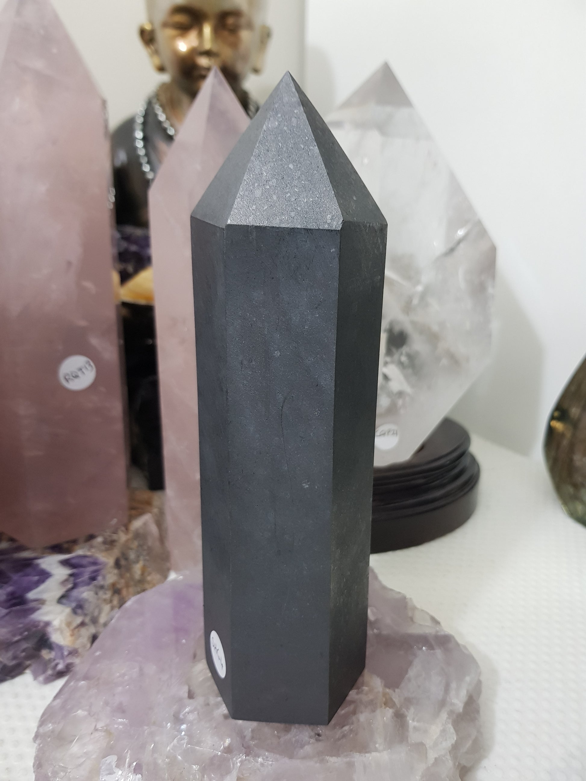 Shungite crystal point tower polished matte black standing point 18cm