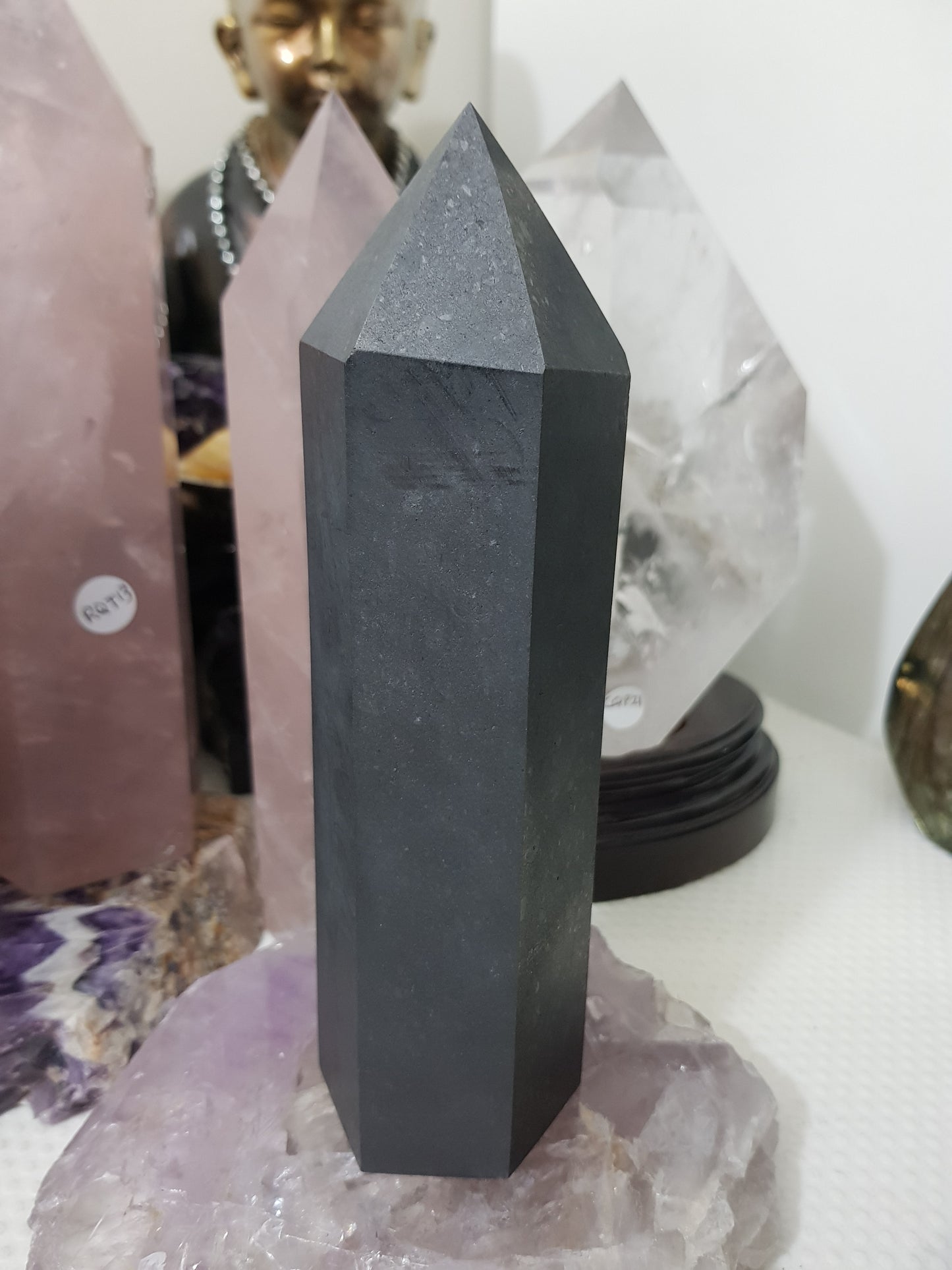 Shungite crystal point tower polished matte black standing point 18cm