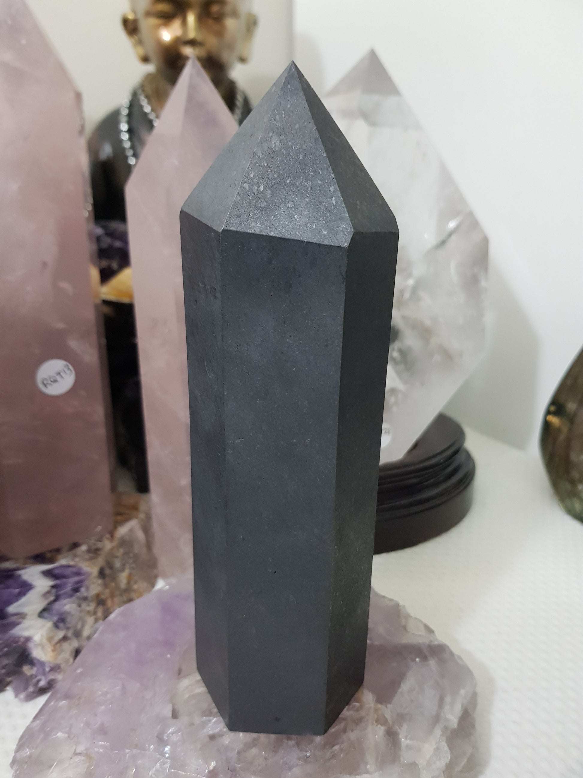 Shungite crystal point tower polished matte black standing point 18cm
