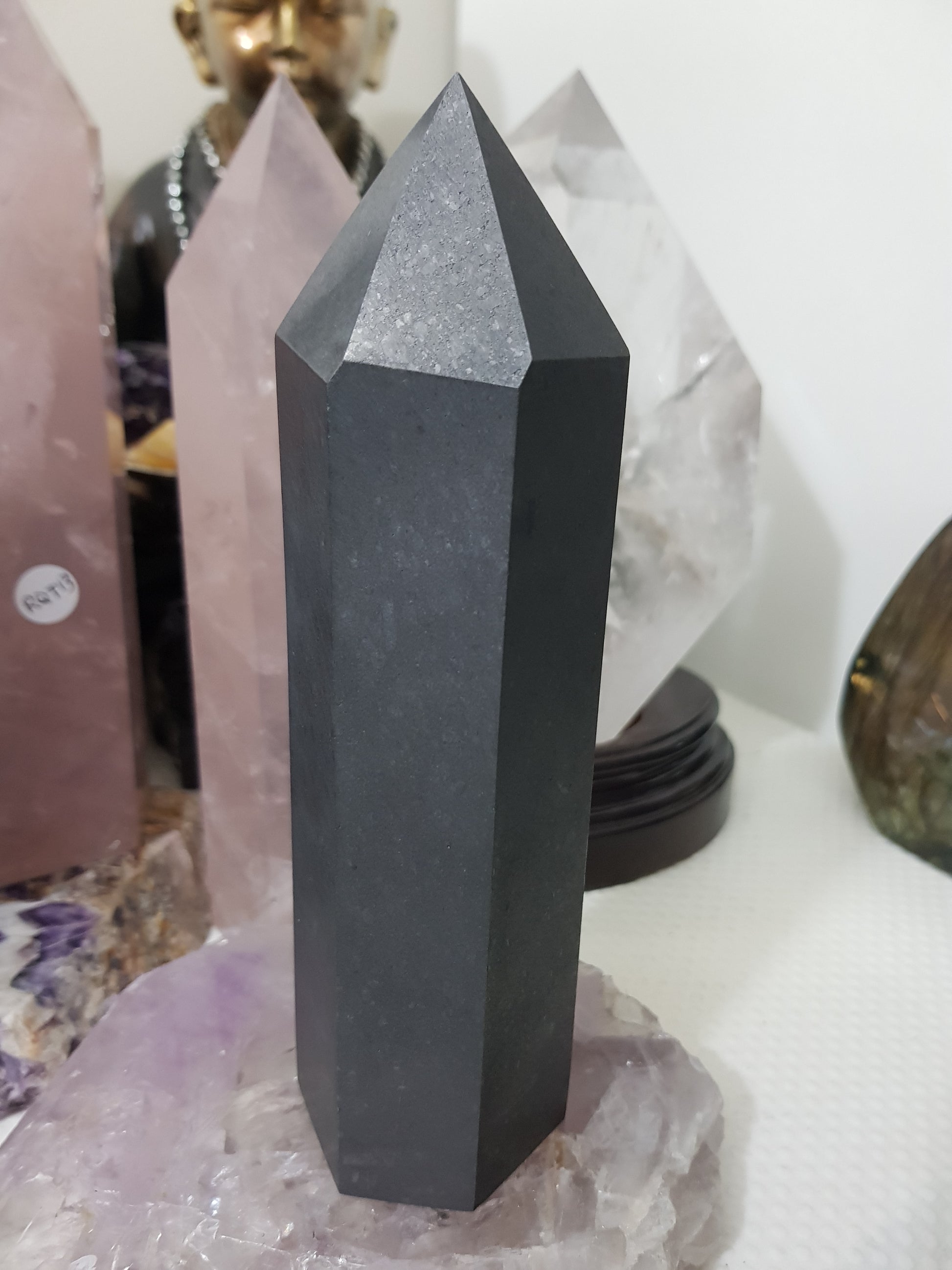 Shungite crystal point tower polished matte black standing point 18cm