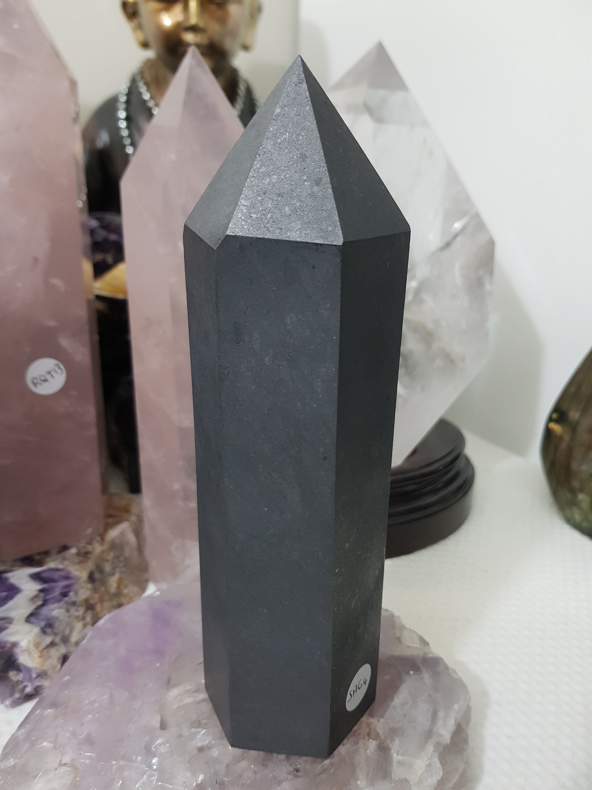 Shungite crystal point tower polished matte black standing point 18cm
