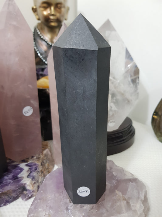 Shungite crystal point tower polished matte black standing point 19.5cm