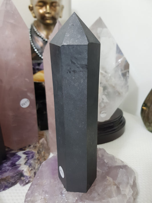 Shungite crystal point tower polished matte black standing point 19.5cm