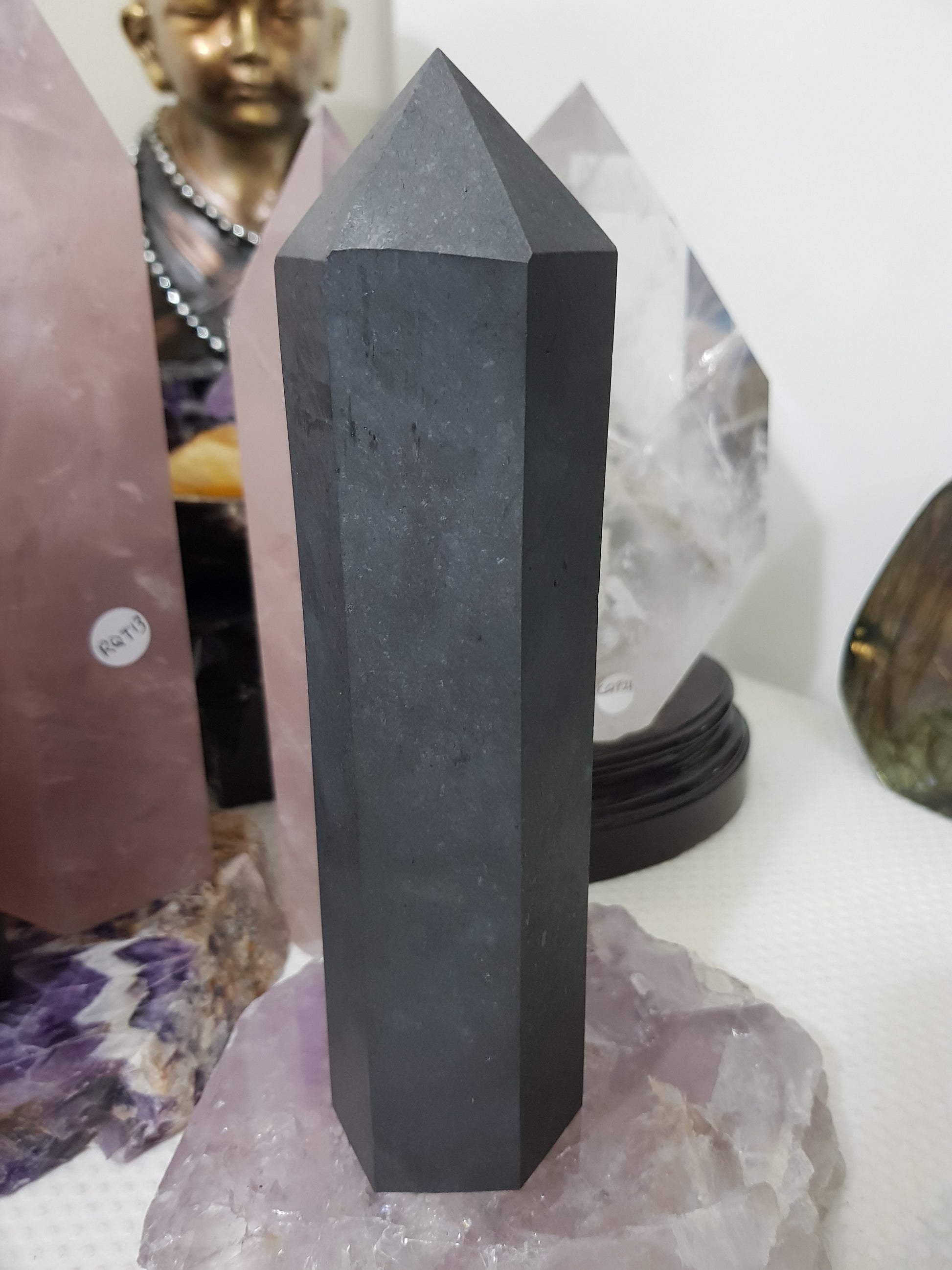 Shungite crystal point tower polished matte black standing point 19.5cm