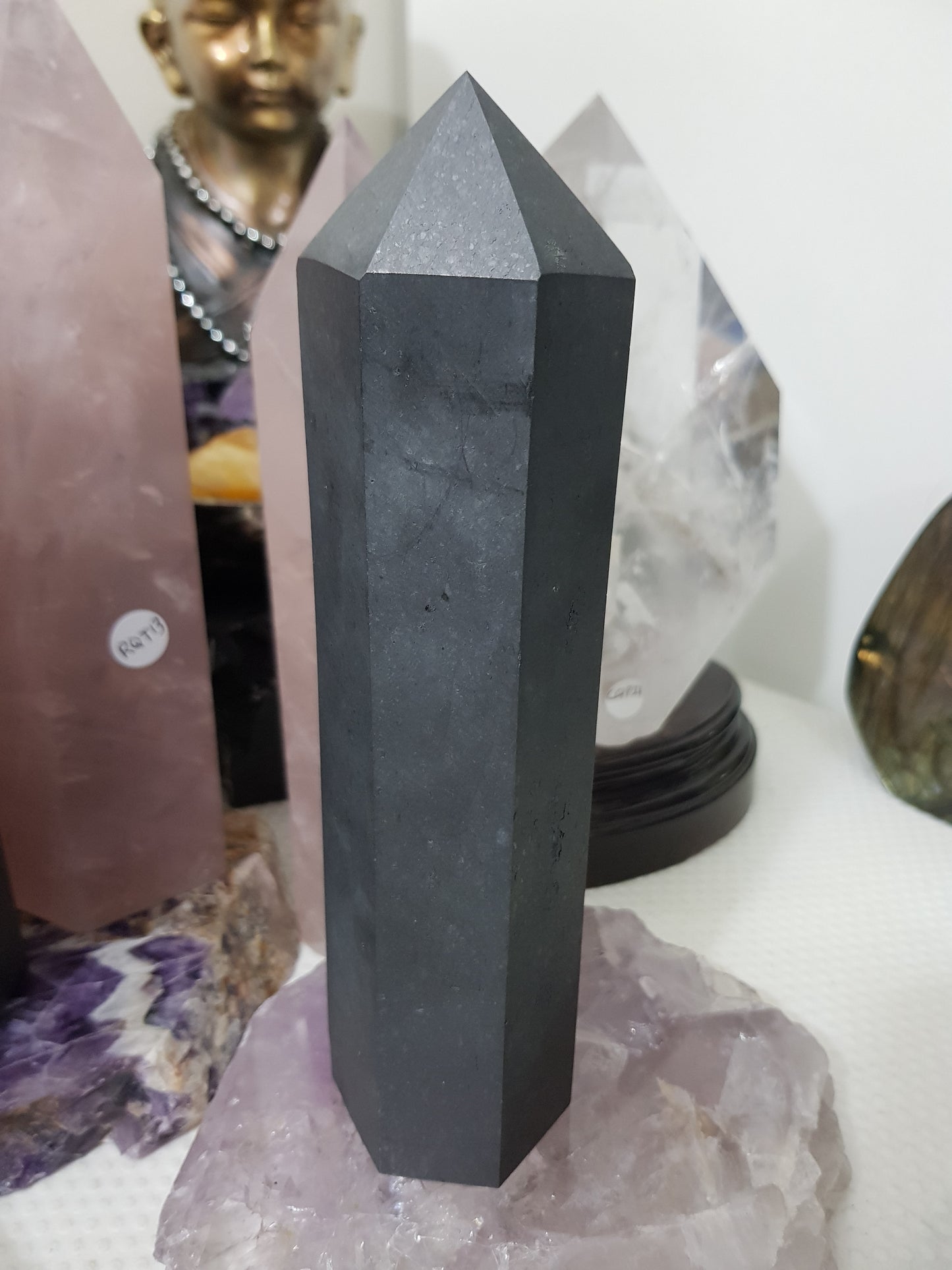 Shungite crystal point tower polished matte black standing point 19.5cm