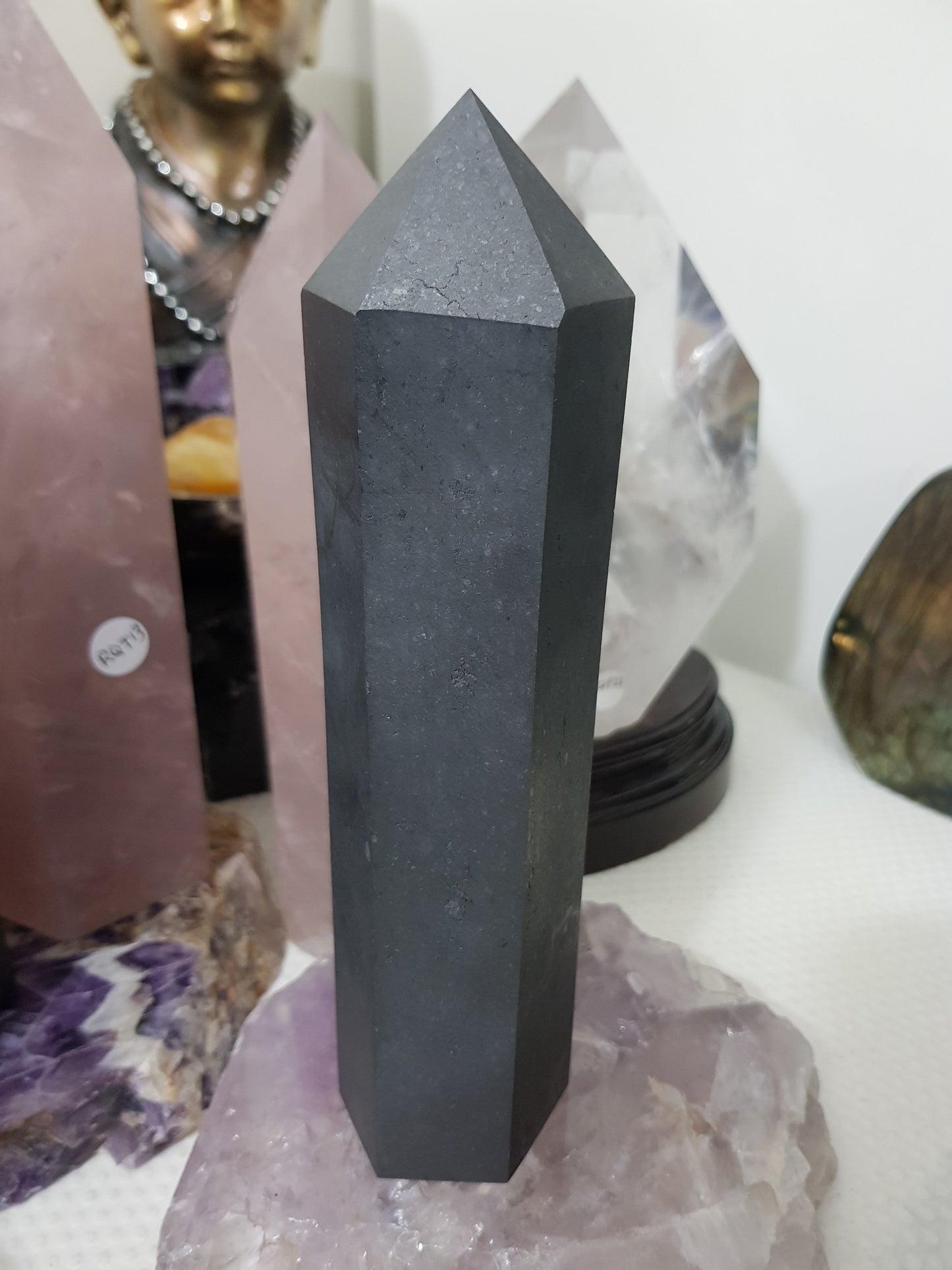 Shungite crystal point tower polished matte black standing point 19.5cm