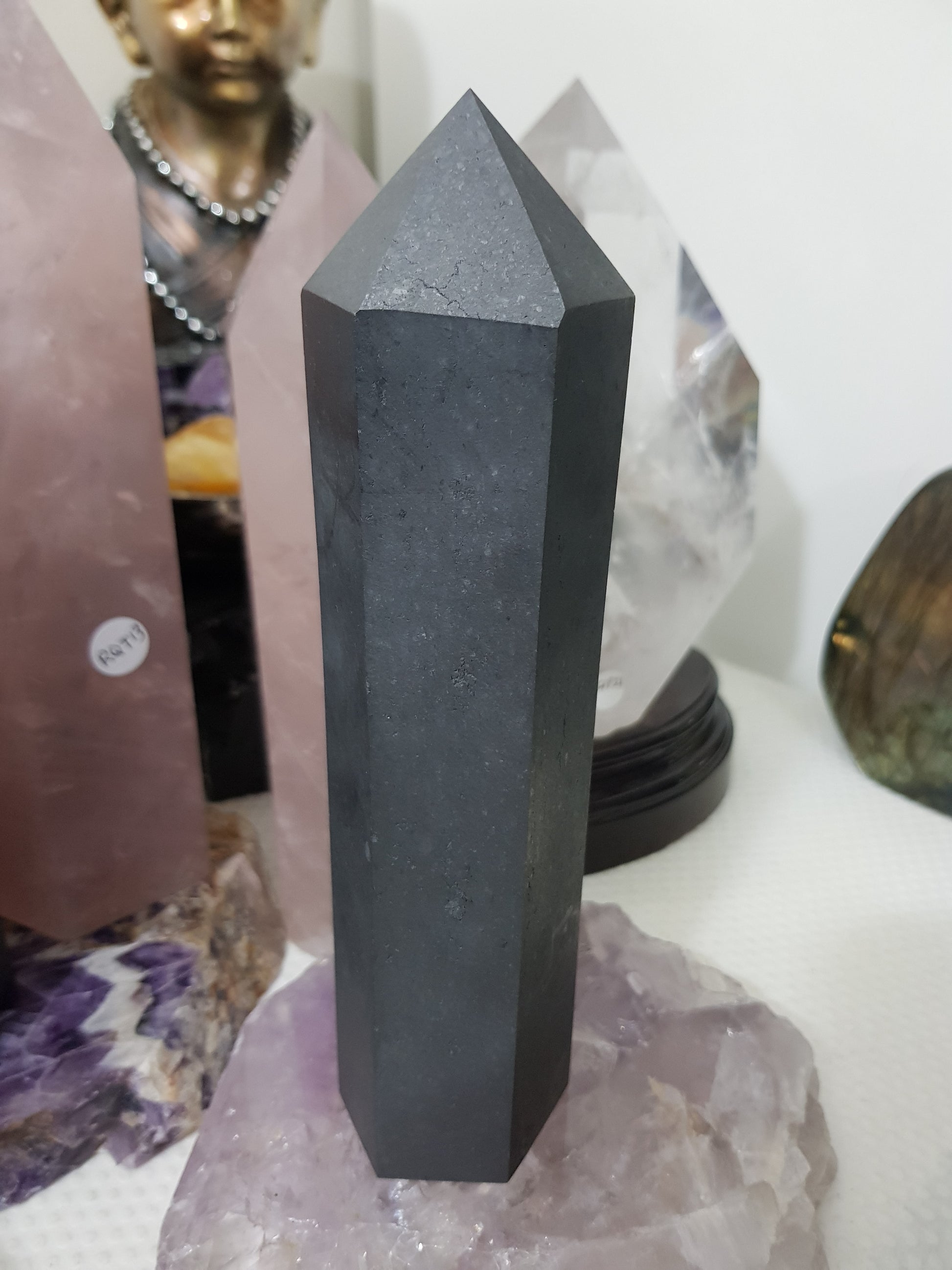 Shungite crystal point tower polished matte black standing point 19.5cm
