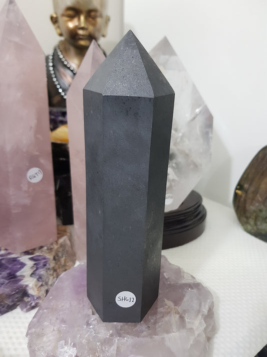 Shungite crystal point tower polished matte black standing point 19.5cm