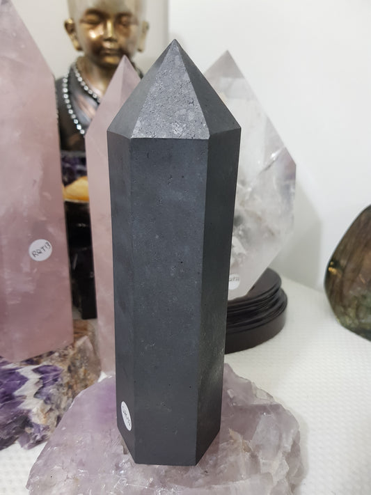 Shungite crystal point tower polished matte black standing point 19.5cm