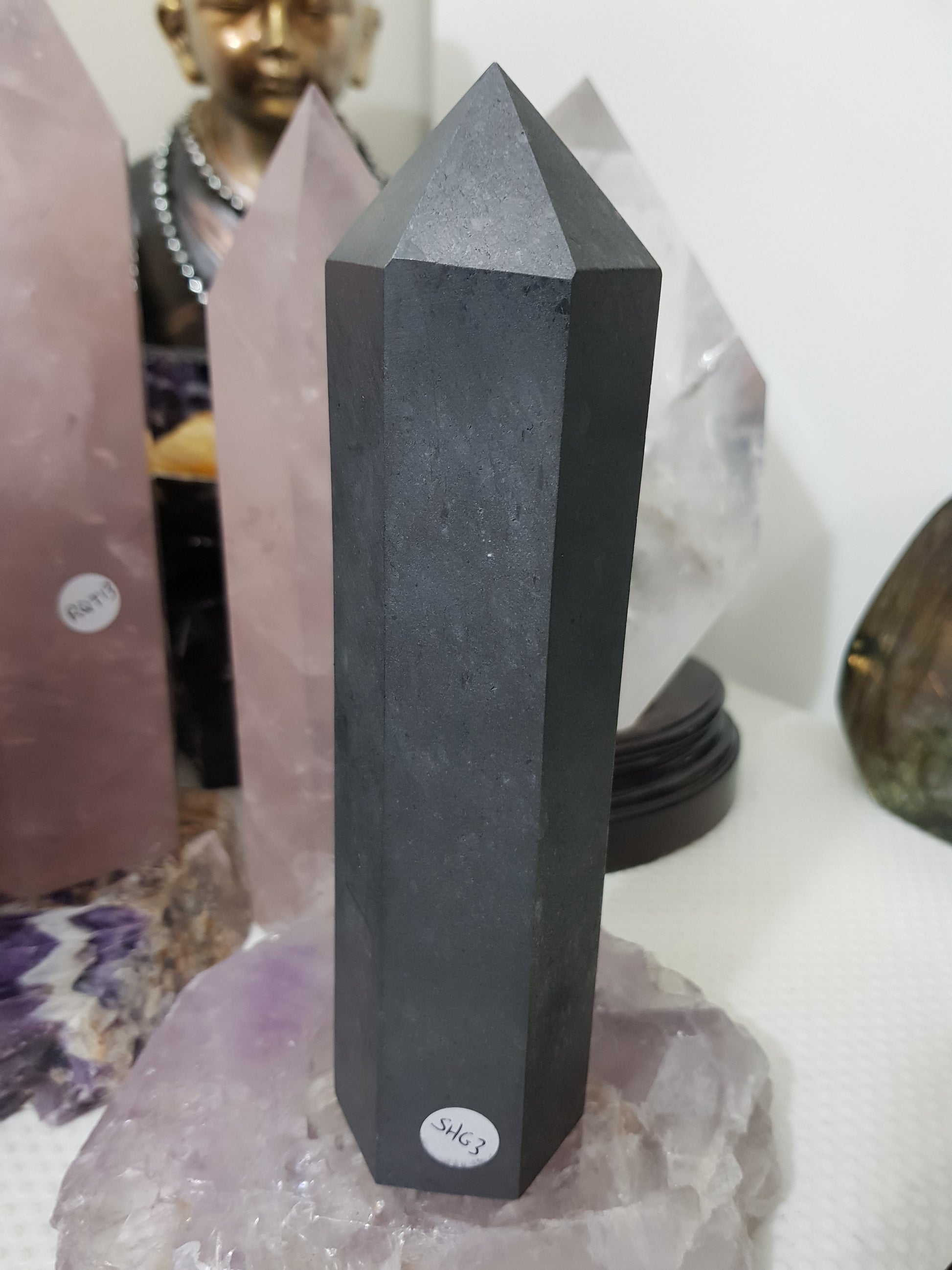 Shungite crystal point tower polished matte black standing point 19cm