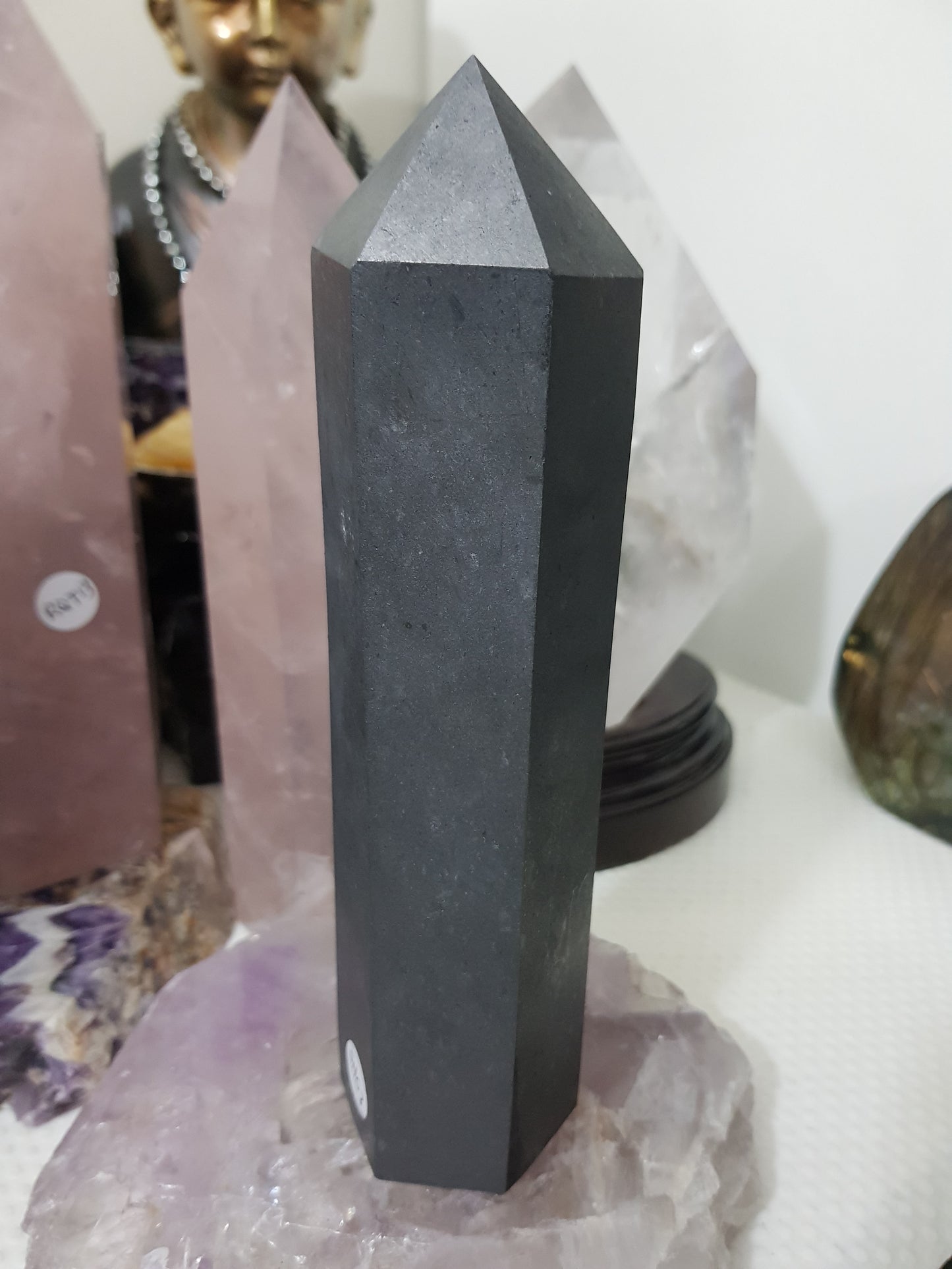 Shungite crystal point tower polished matte black standing point 19cm