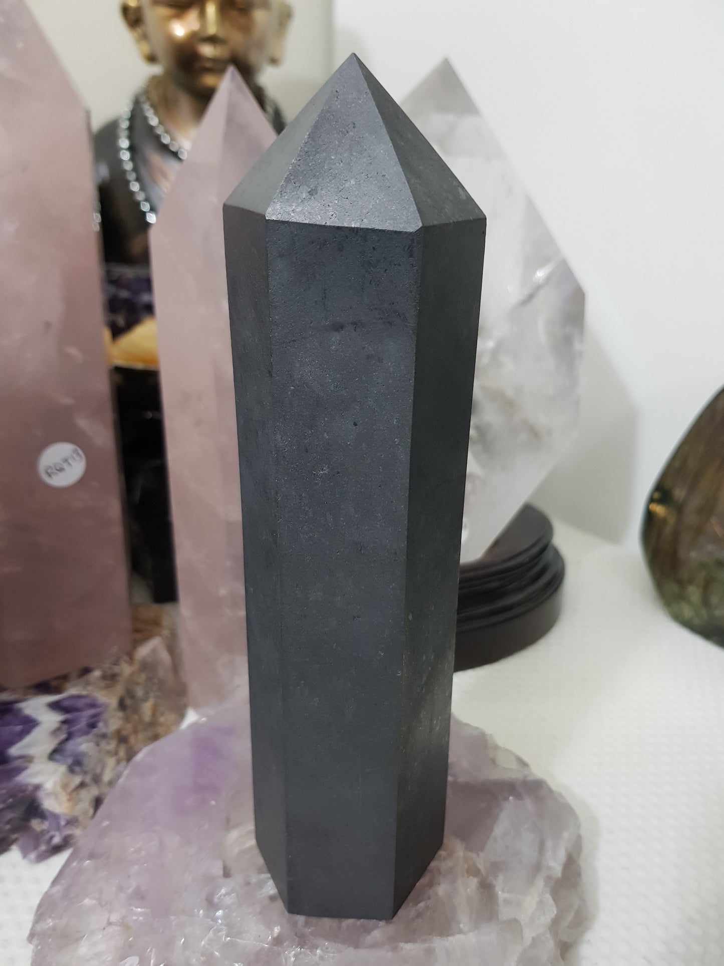 Shungite crystal point tower polished matte black standing point 19cm