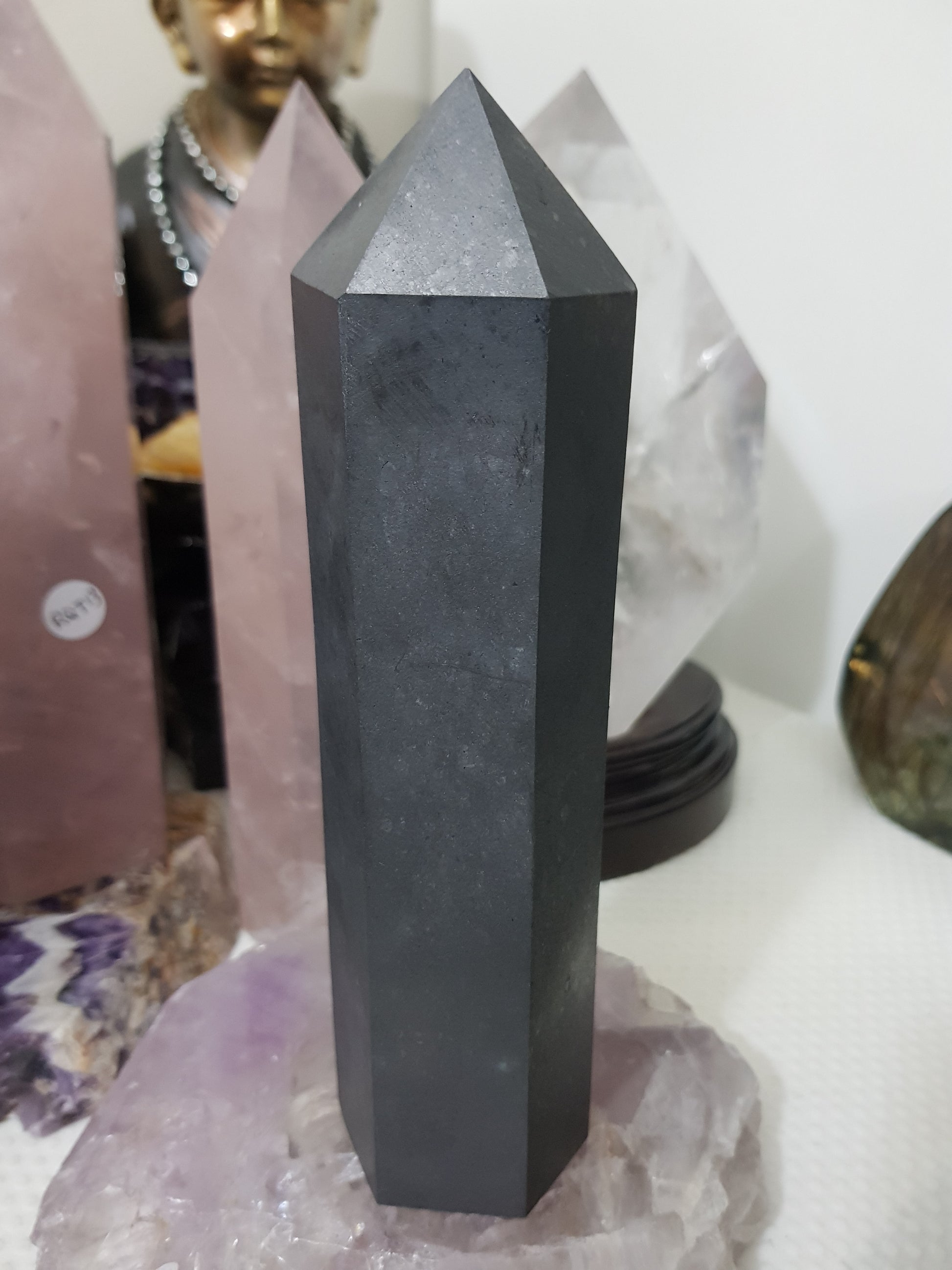 Shungite crystal point tower polished matte black standing point 19cm