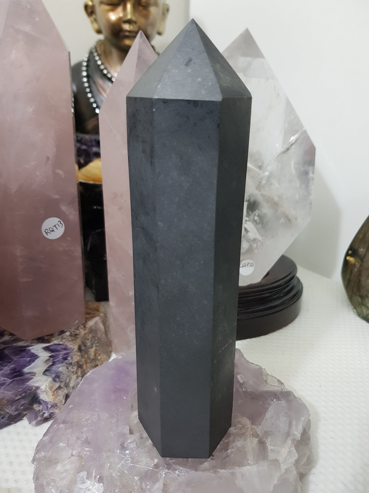 Shungite crystal point tower polished matte black standing point 19cm