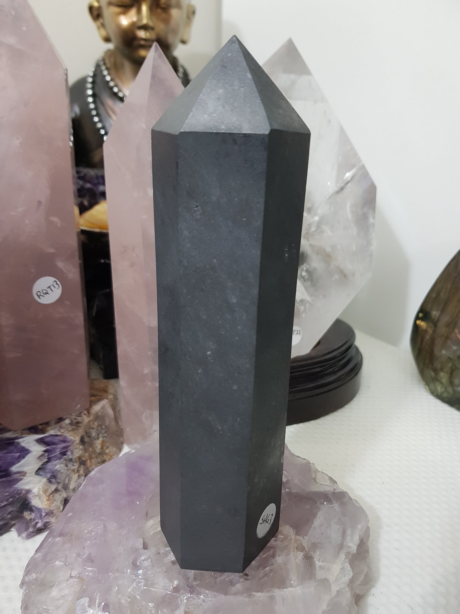 Shungite crystal point tower polished matte black standing point 19cm
