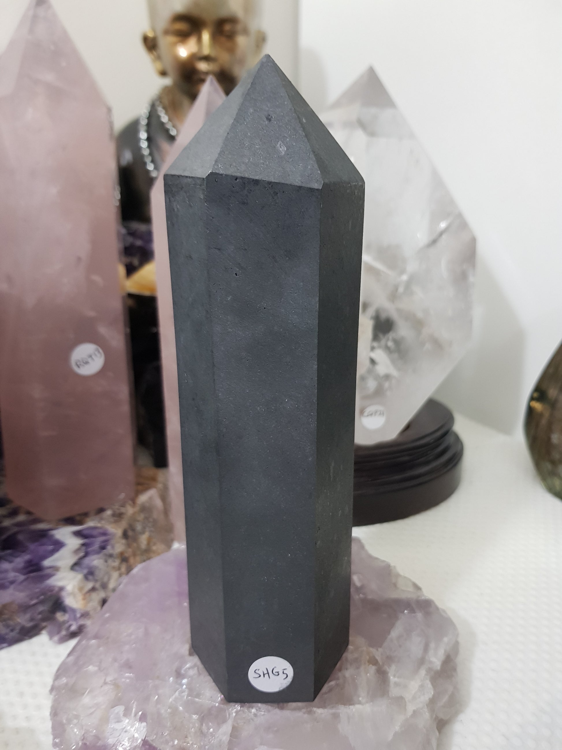Shungite crystal point tower polished matte black standing point 19cm