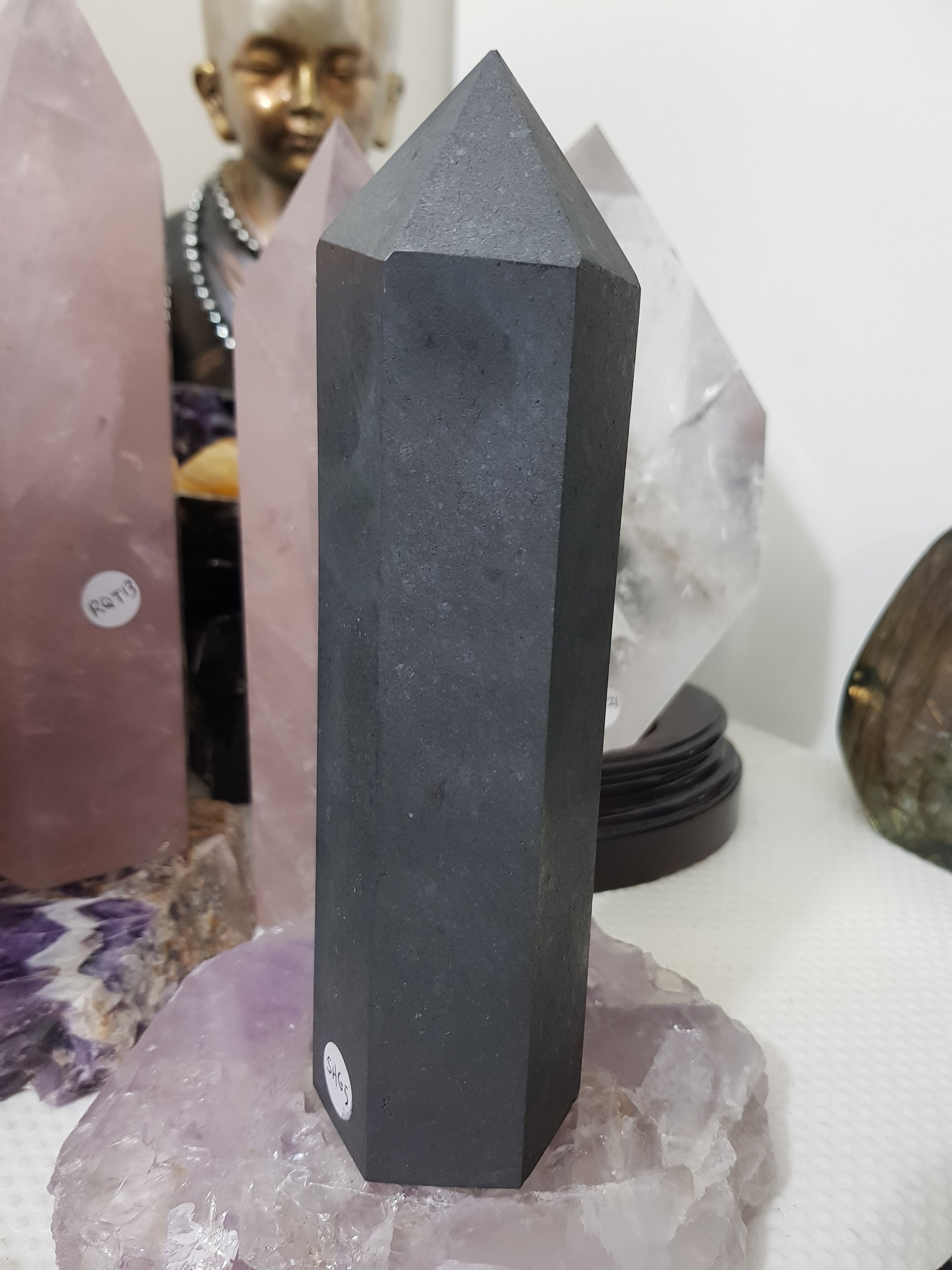 Shungite crystal point tower polished matte black standing point 19cm