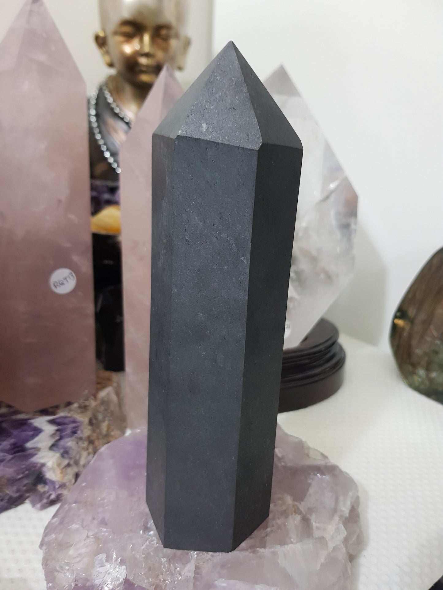 Shungite crystal point tower polished matte black standing point 19cm