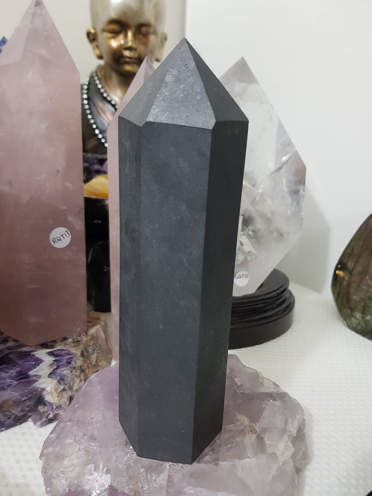 Shungite crystal point tower polished matte black standing point 19cm