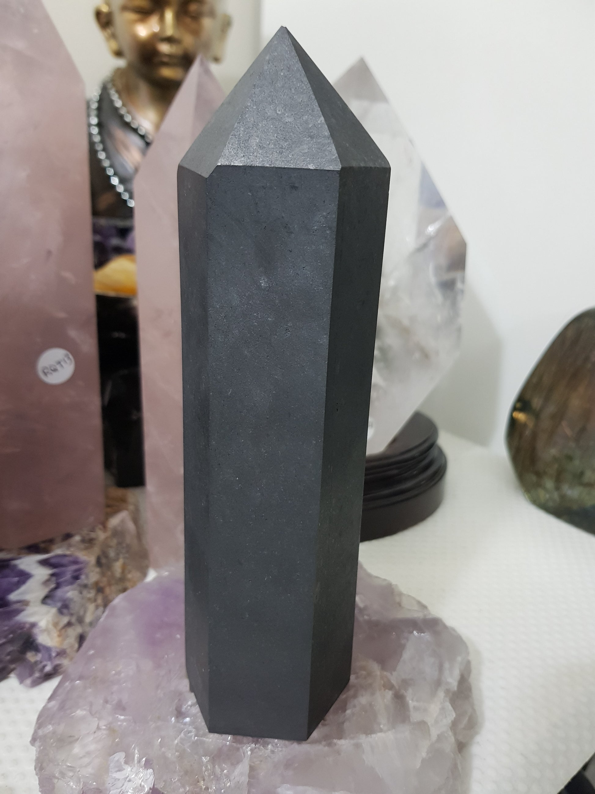 Shungite crystal point tower polished matte black standing point 19cm