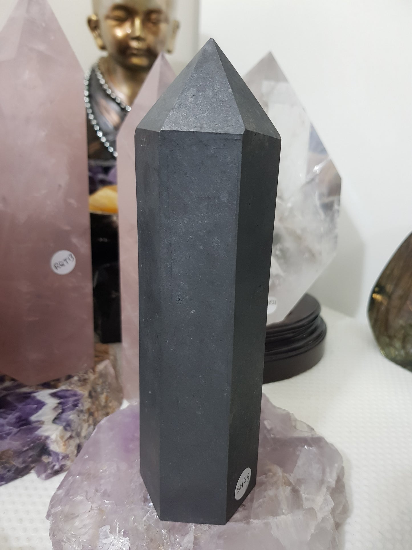 Shungite crystal point tower polished matte black standing point 19cm