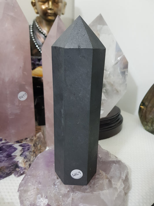 Shungite crystal point tower polished matte black standing point 19cm