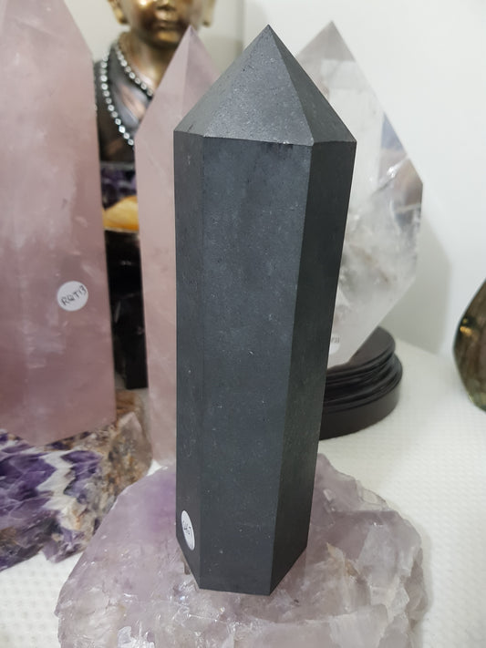 Shungite crystal point tower polished matte black standing point 19cm