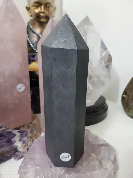 Shungite crystal point tower polished matte black standing point 19cm