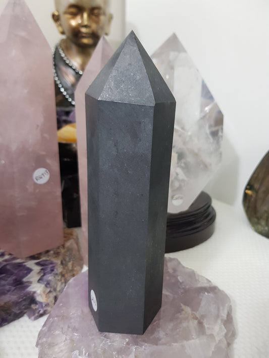 Shungite crystal point tower polished matte black standing point 19cm