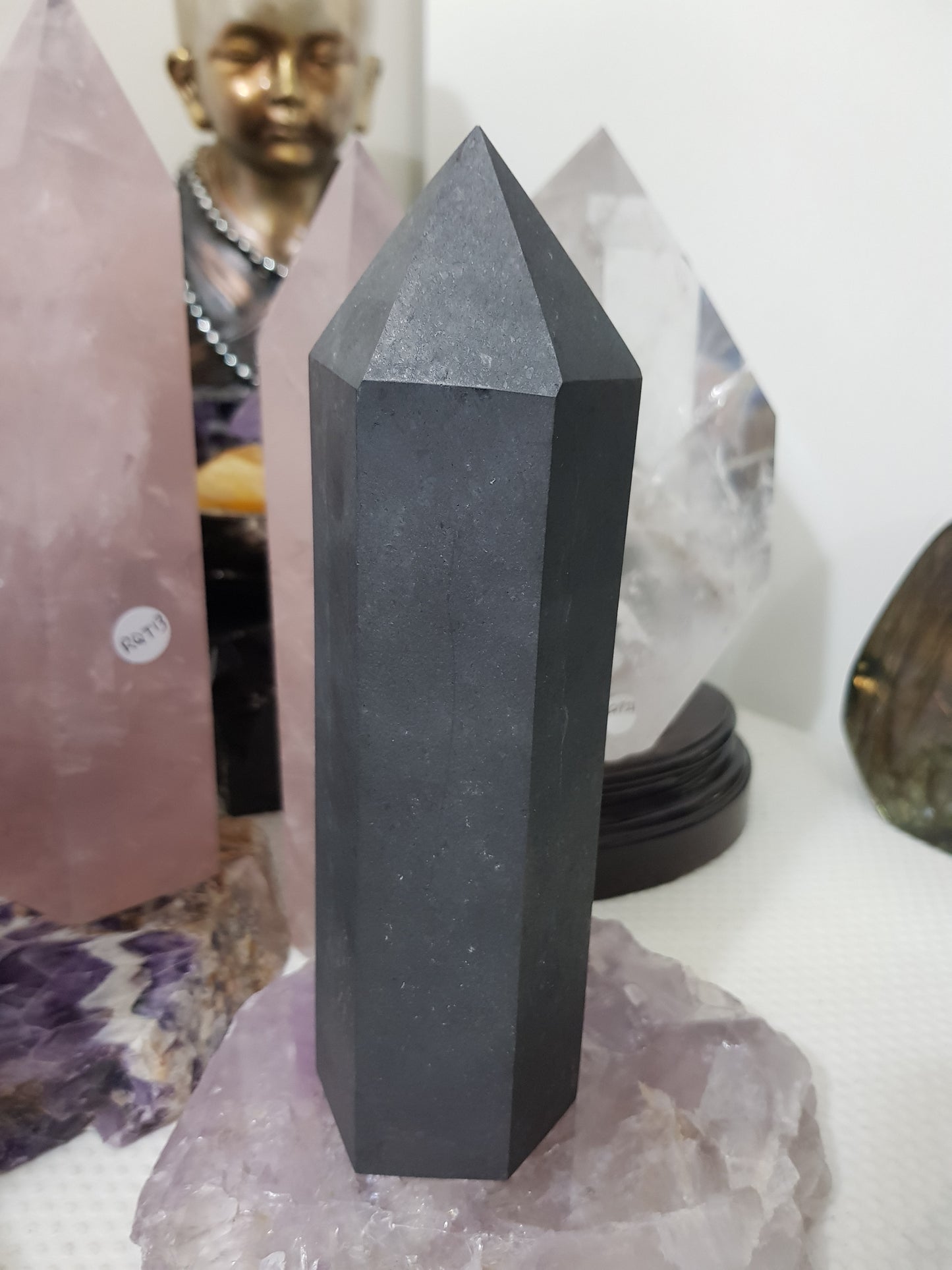 Shungite crystal point tower polished matte black standing point 19cm