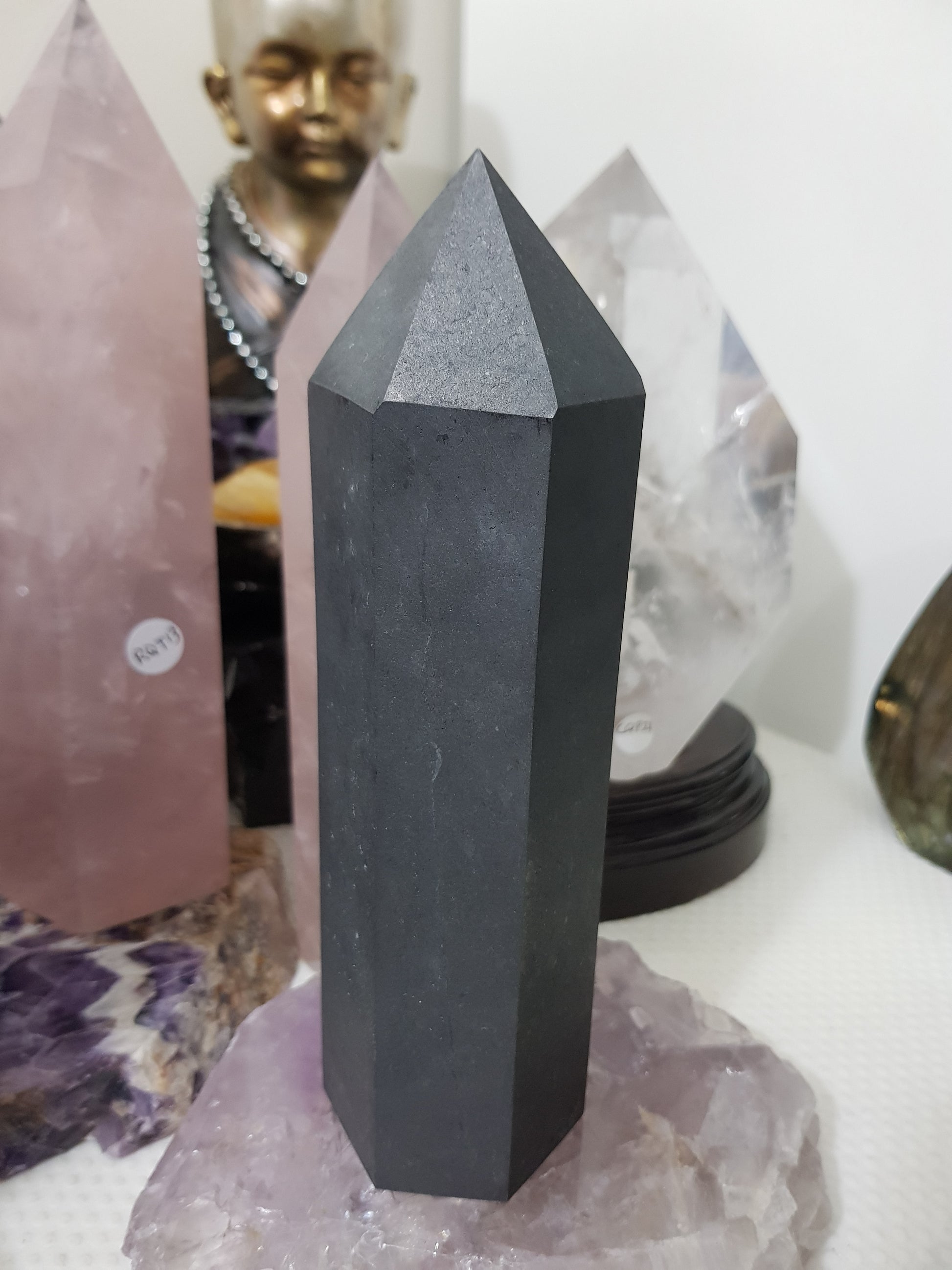 Shungite crystal point tower polished matte black standing point 19cm