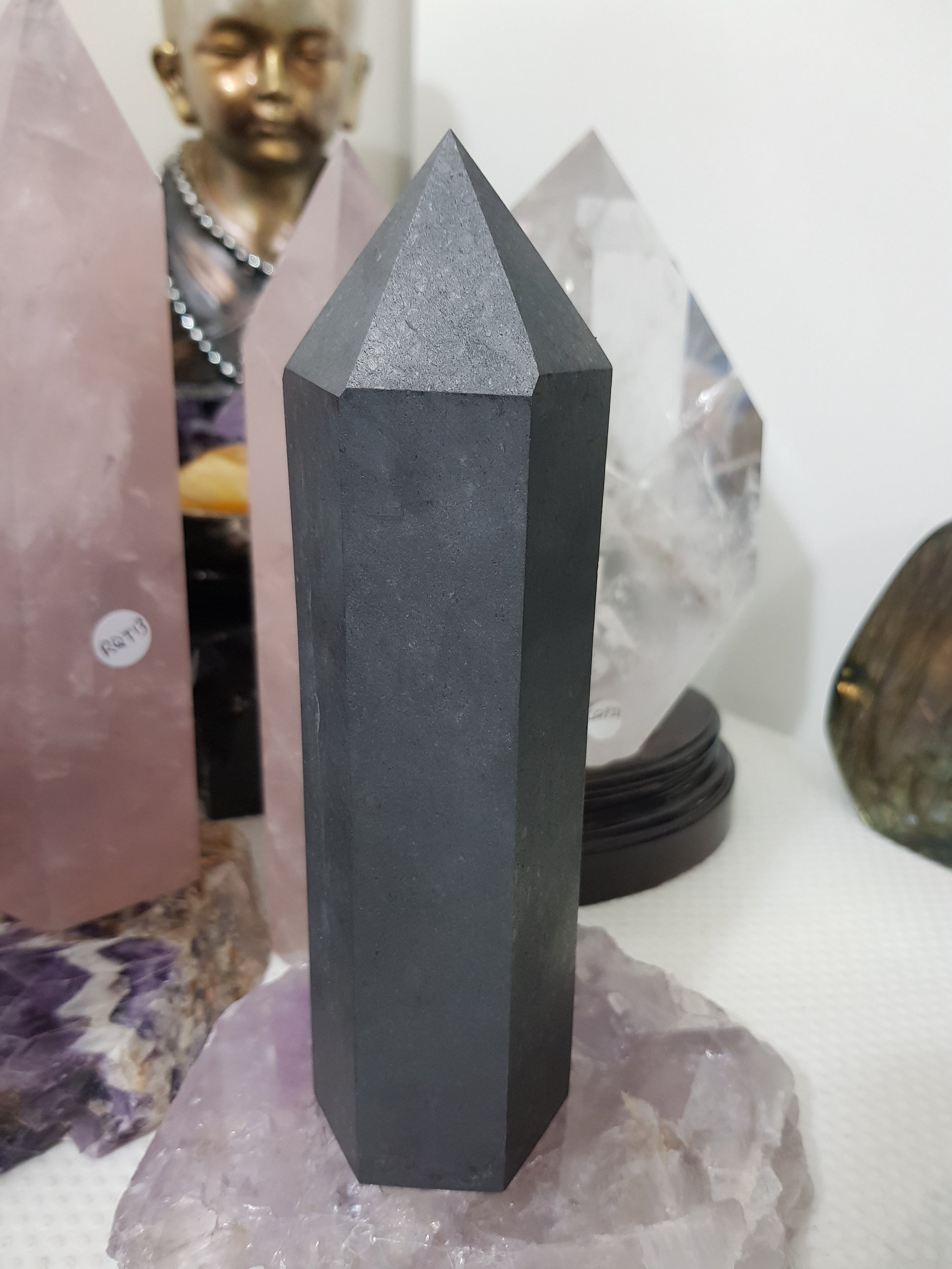 Shungite crystal point tower polished matte black standing point 19cm