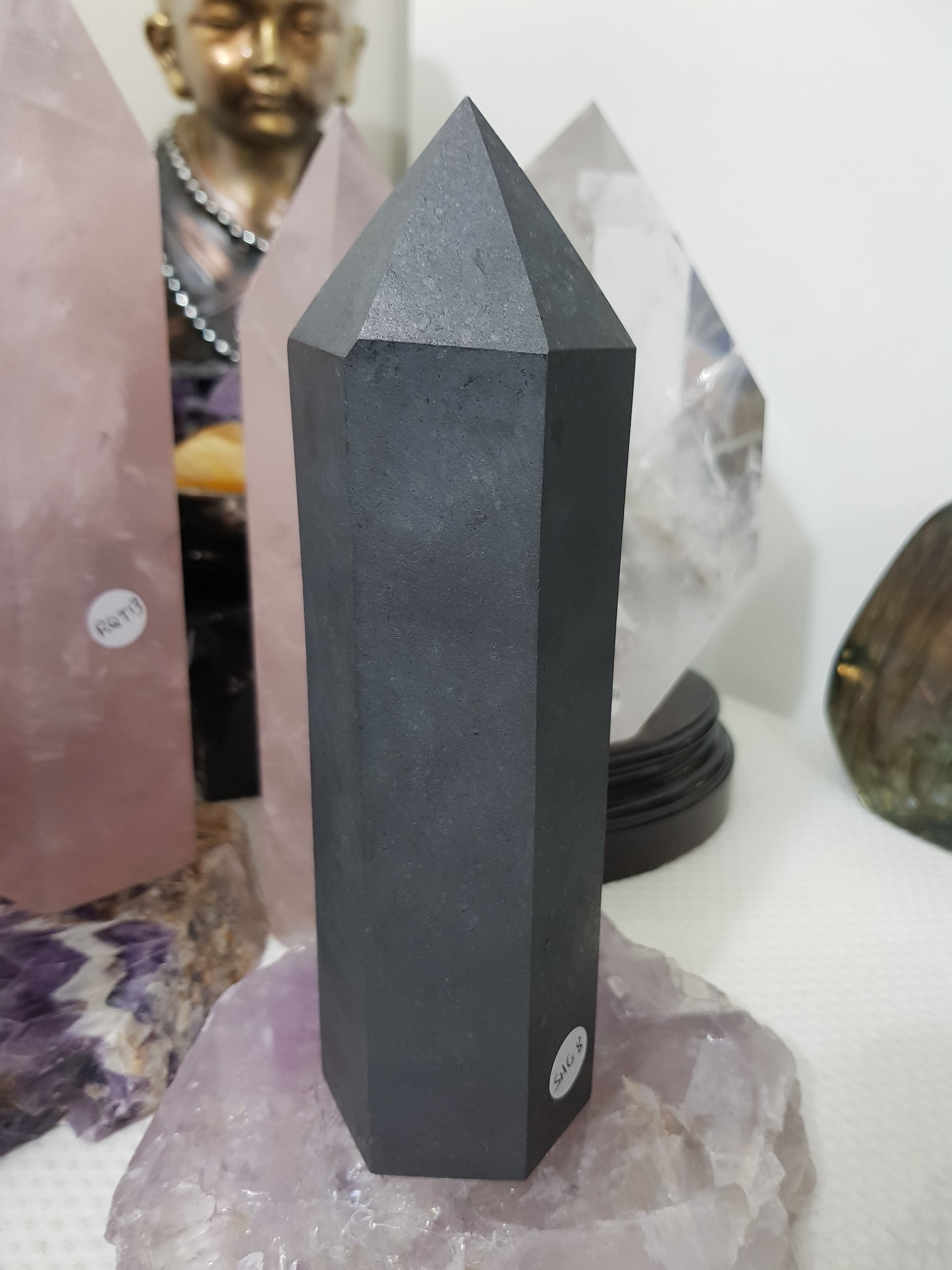 Shungite crystal point tower polished matte black standing point 19cm