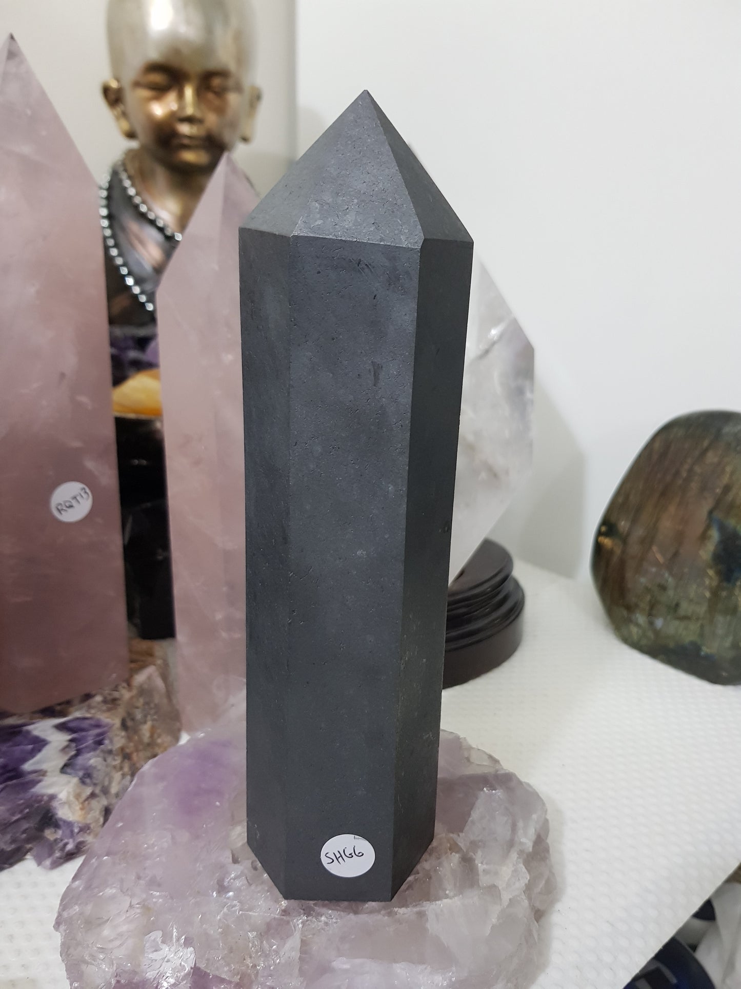 Shungite crystal point tower polished matte black standing point 20cm