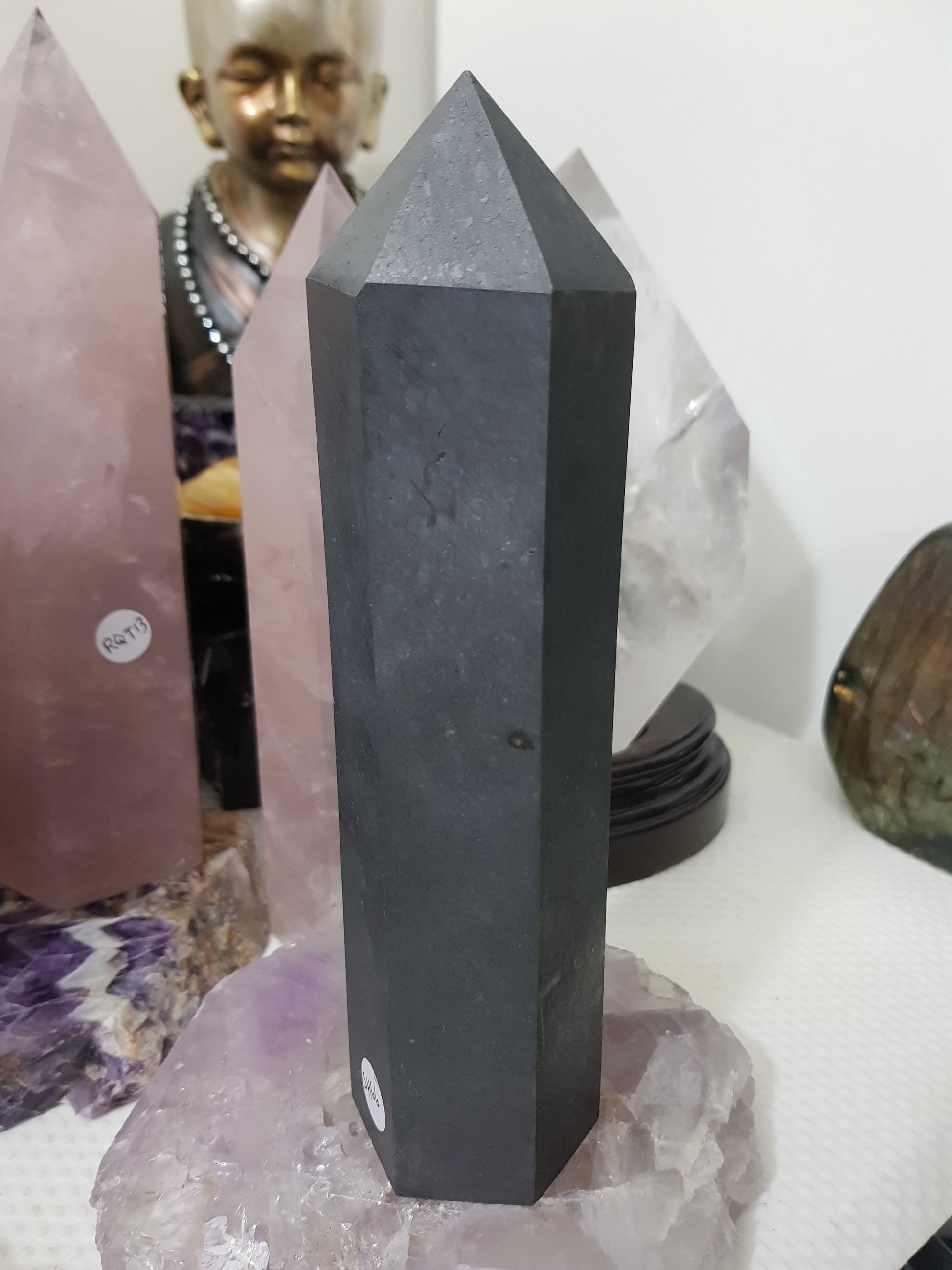 Shungite crystal point tower polished matte black standing point 20cm