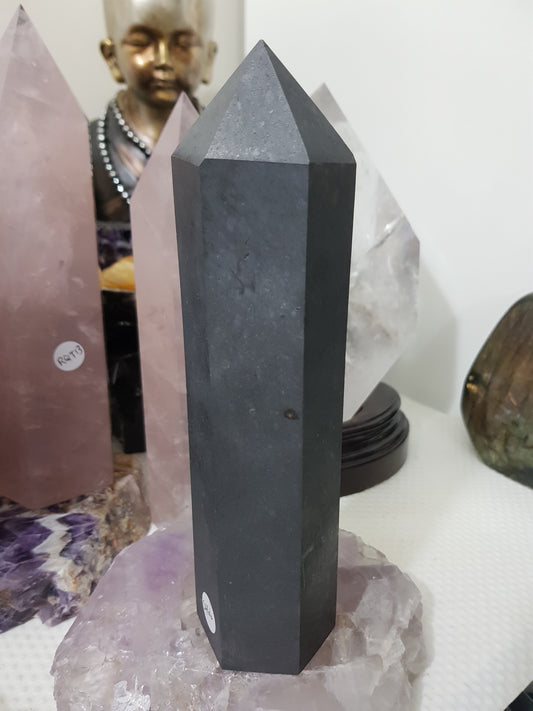 Shungite crystal point tower polished matte black standing point 20cm
