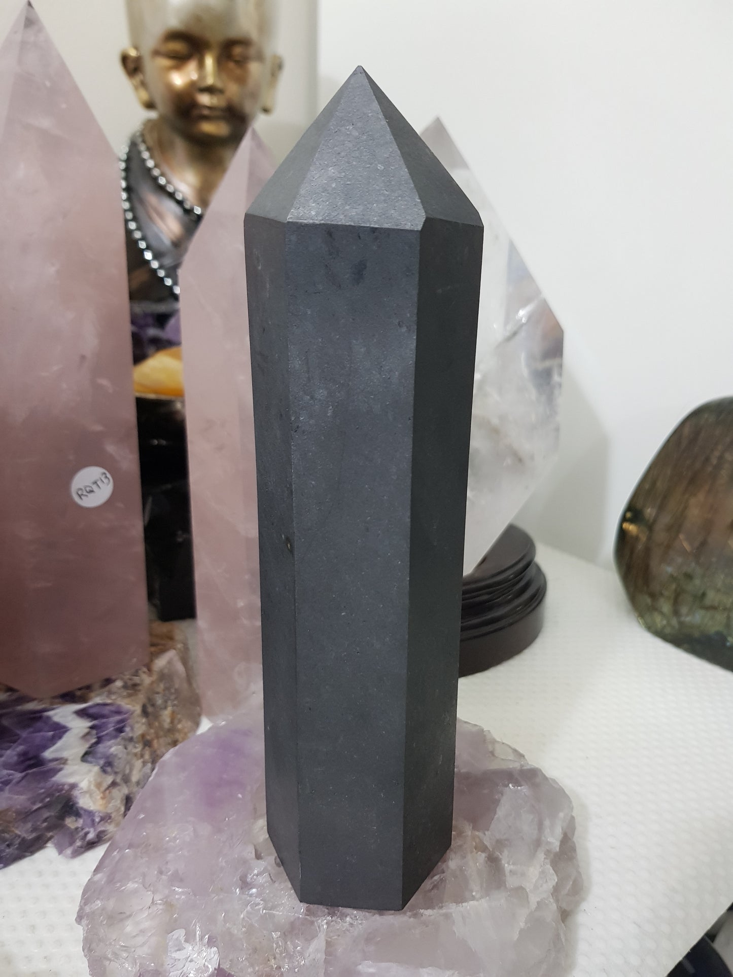 Shungite crystal point tower polished matte black standing point 20cm
