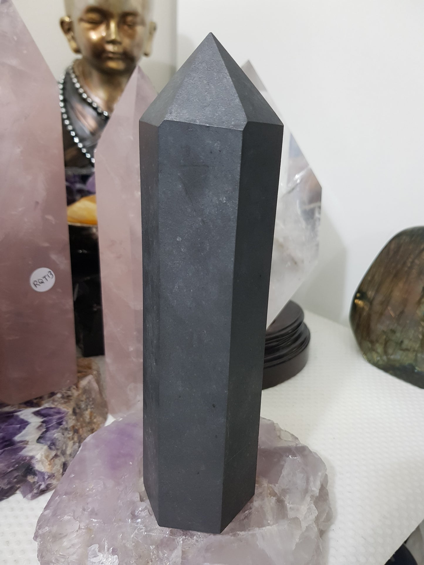 Shungite crystal point tower polished matte black standing point 20cm