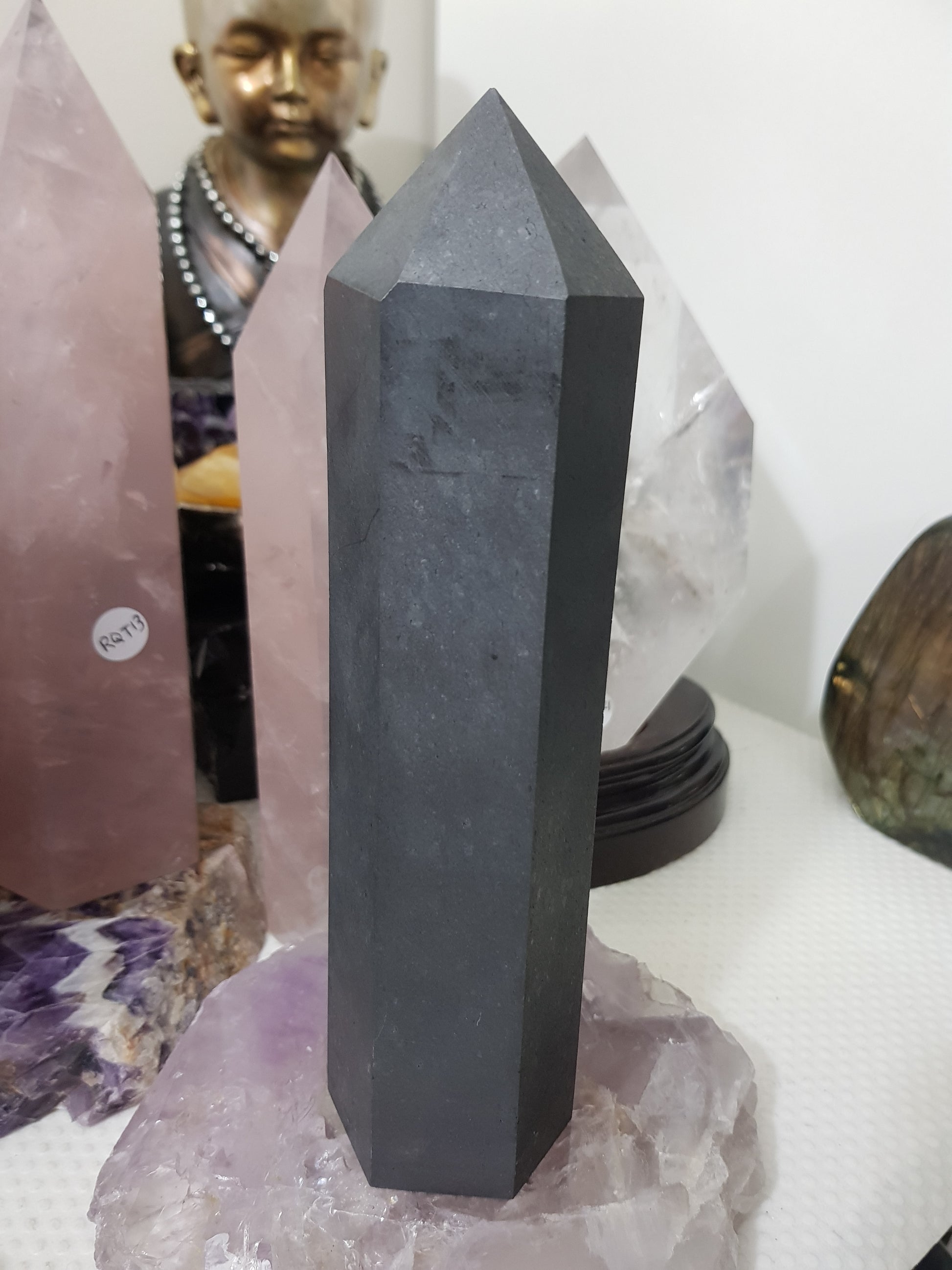 Shungite crystal point tower polished matte black standing point 20cm