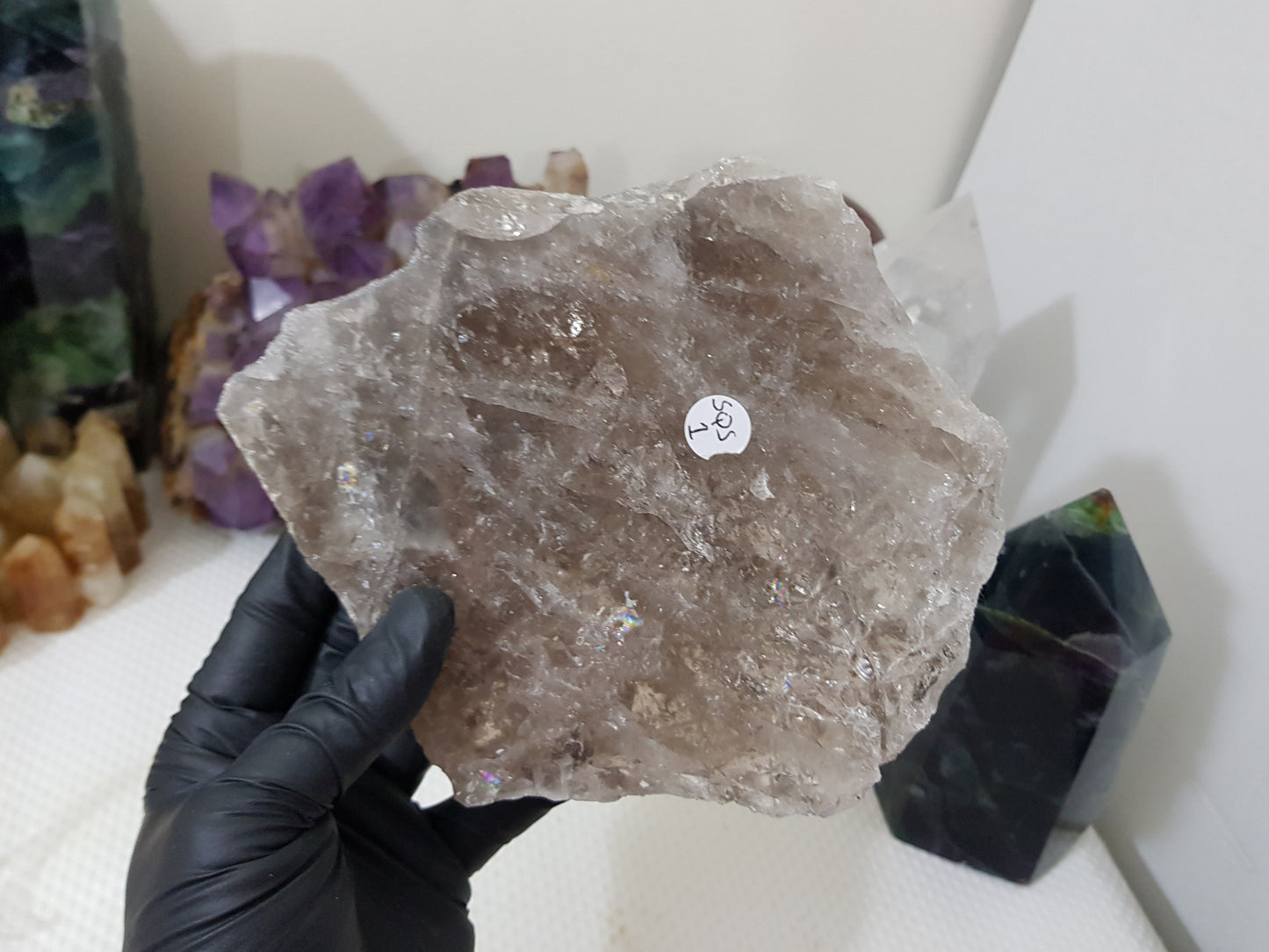 A gloved hand holding a large Smoky Quartz crystal slice that is approximately 15.5cm by 14cm in size